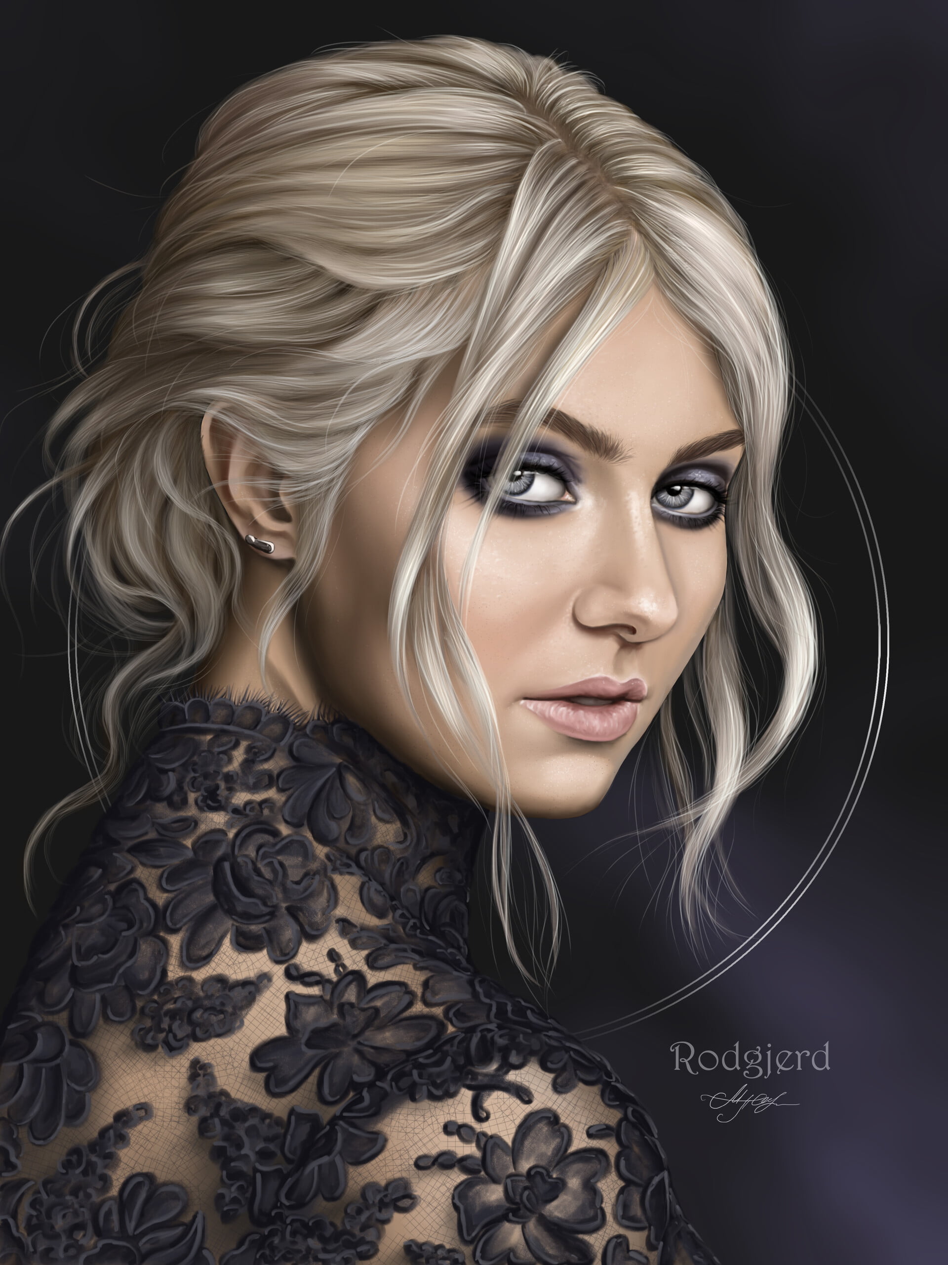 actress, looking back, white eyes, Songwriters, model, gray eyes, women, music, black background, ArtStation, dress, digital painting, portrait display, Phone HD Wallpaper