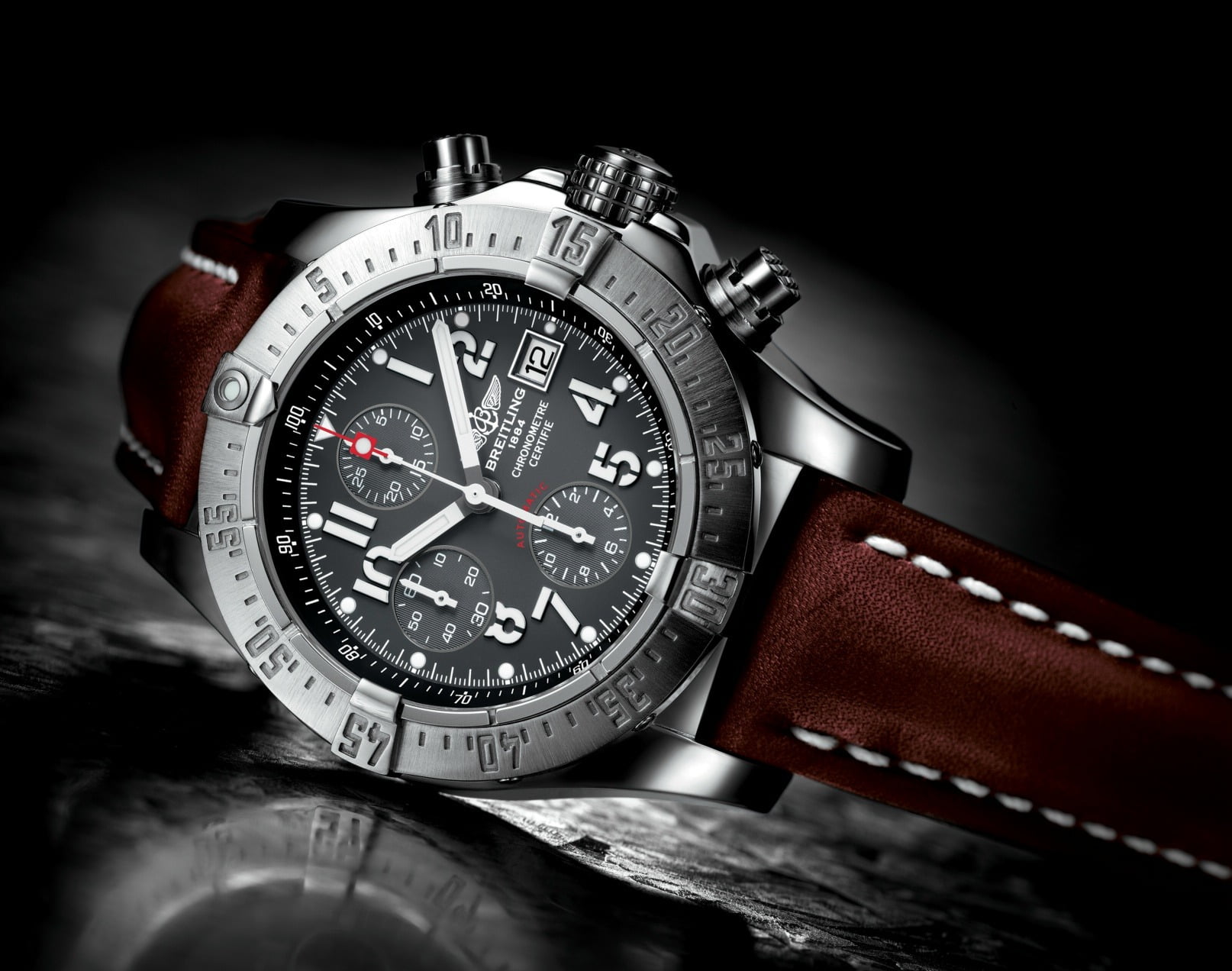 round, minute Hand, breitling, time, steel, studio shot, leather, no People, black Color, clock, 720P, personal accessory, instrument of Time, close-up, HD Wallpaper
