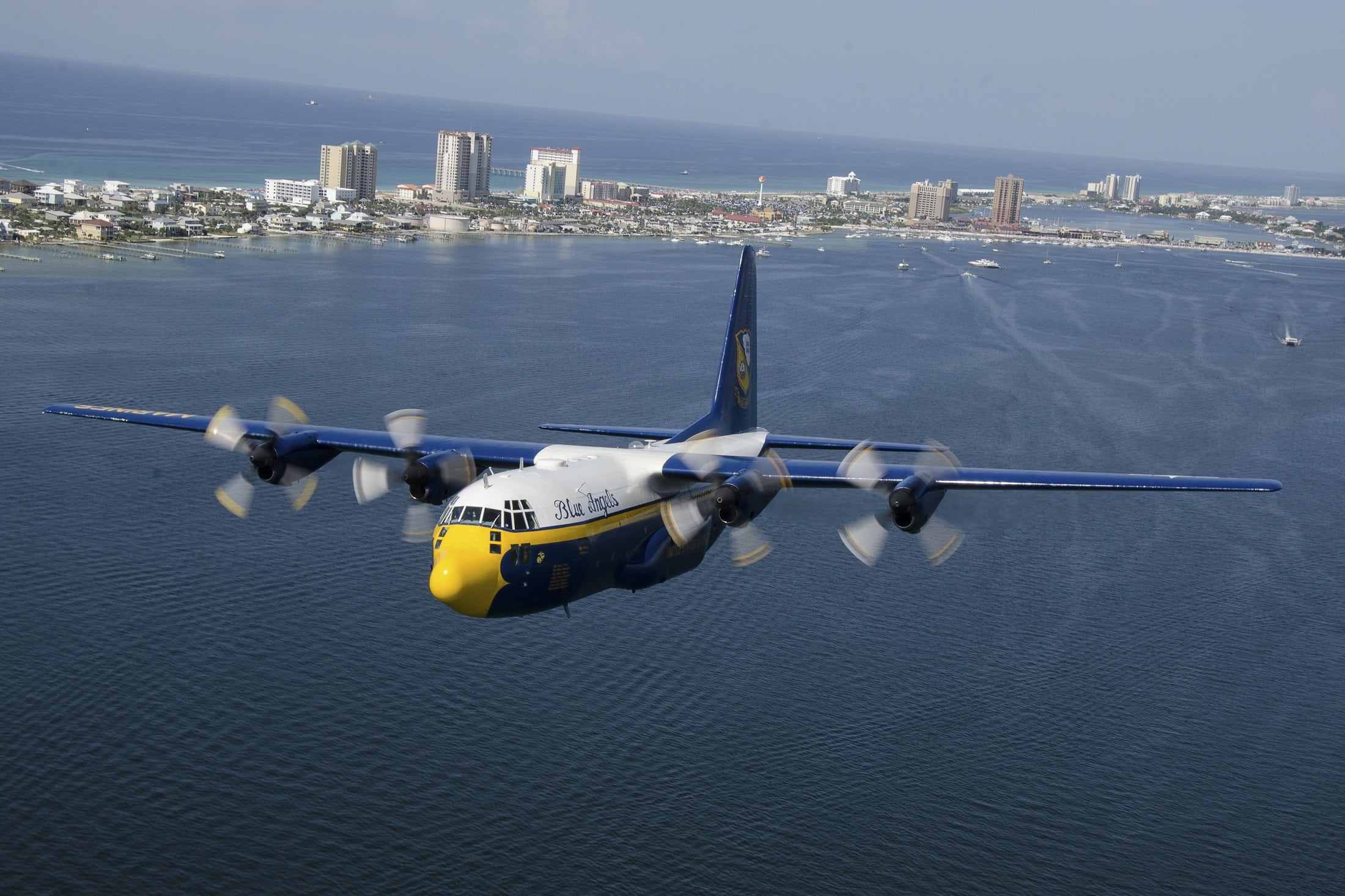 aerospace industry, florida, motion, sea, coast, airplane, c-130 hercules, plane, beach, 1080P, water, usa, architecture, outdoors, blue angels, transportation, HD Wallpaper