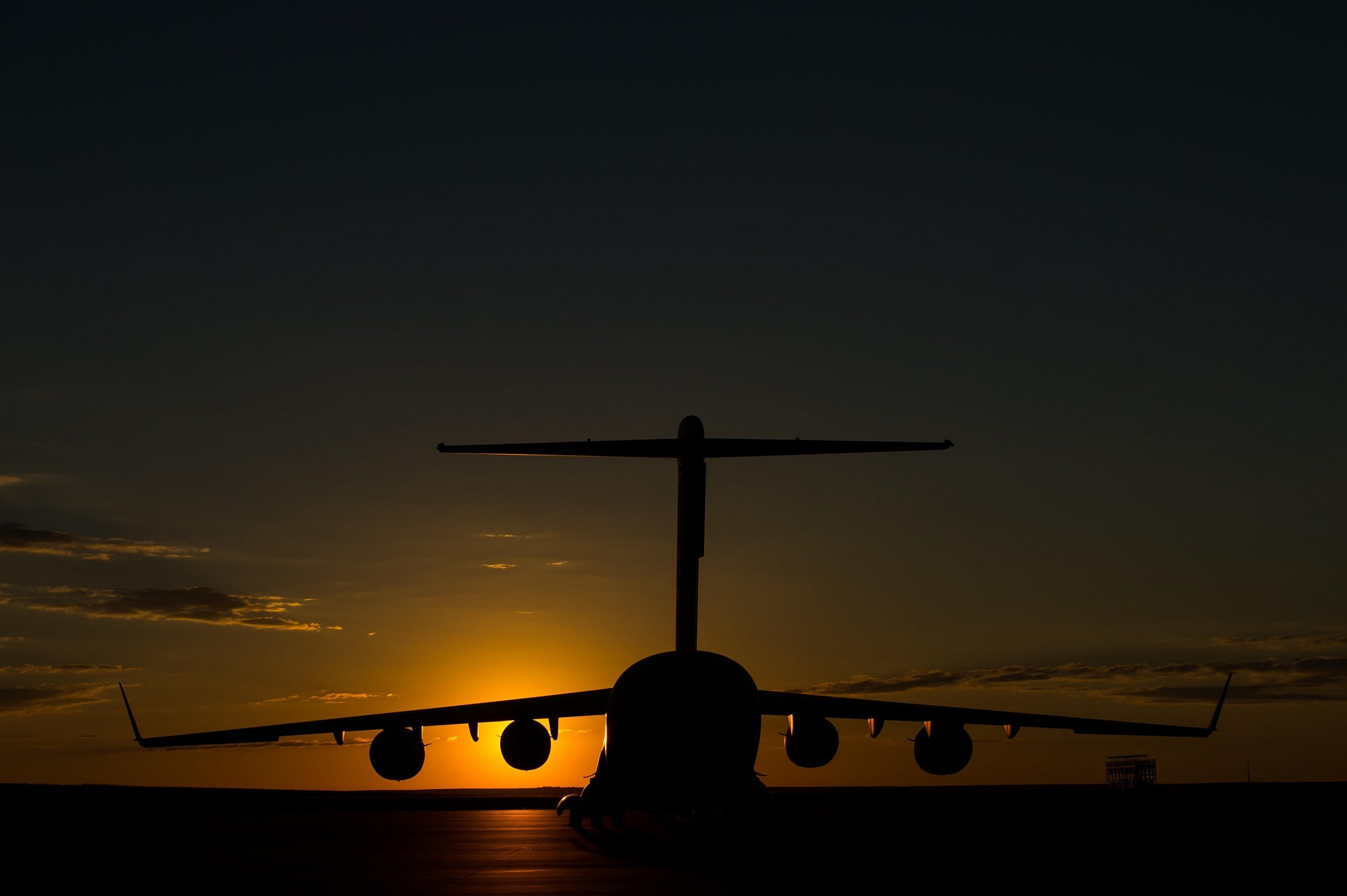 air vehicle, mode of transportation, 1080P, sun, flying, cargo, golden, commercial airplane, plane, orange color, airplane, runway, dusk, parked, cloud - sky, HD Wallpaper