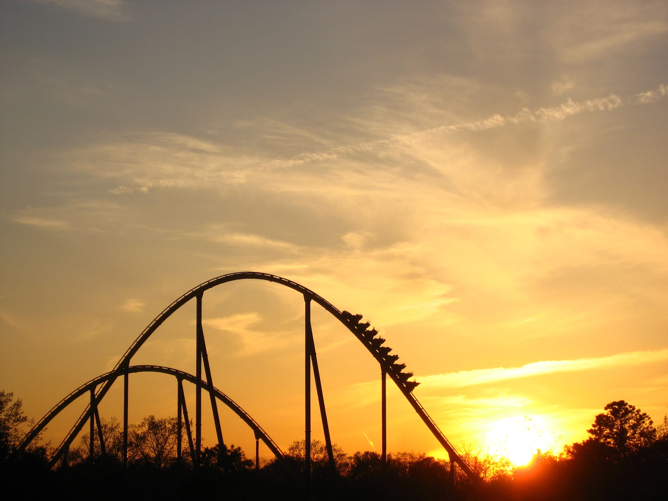 silhouette, environment, roller, tree, no people, ride, sunset, land, 2K, nature, rollercoaster, scenics - nature, tranquility, orange color, cloud - sky, HD Wallpaper