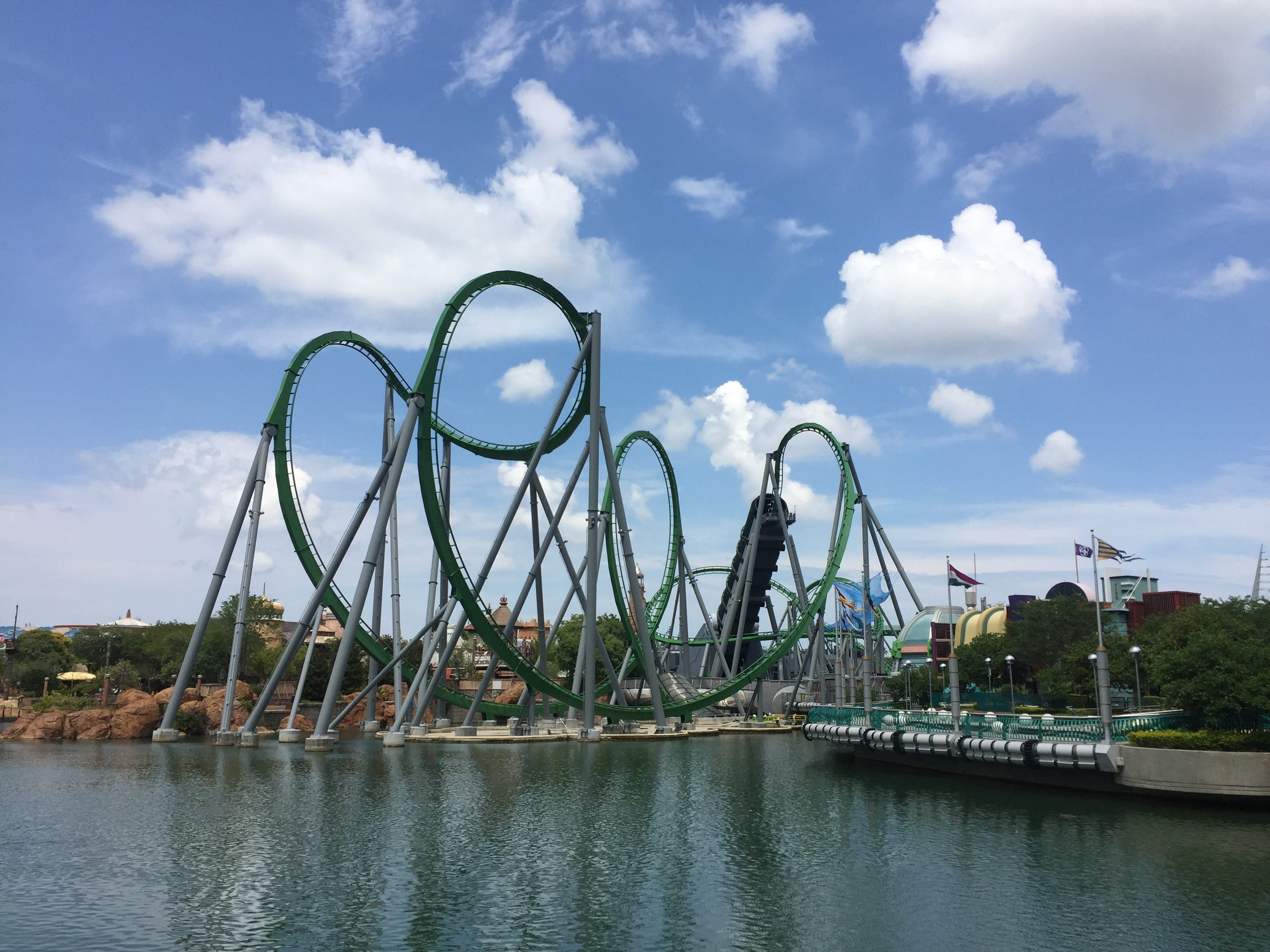 high, ride, speed, bridge, entertainment, motion, no people, roller, cloud - sky, Universal, fast, built structure, outdoor, adventure, vacation, park, HD Wallpaper