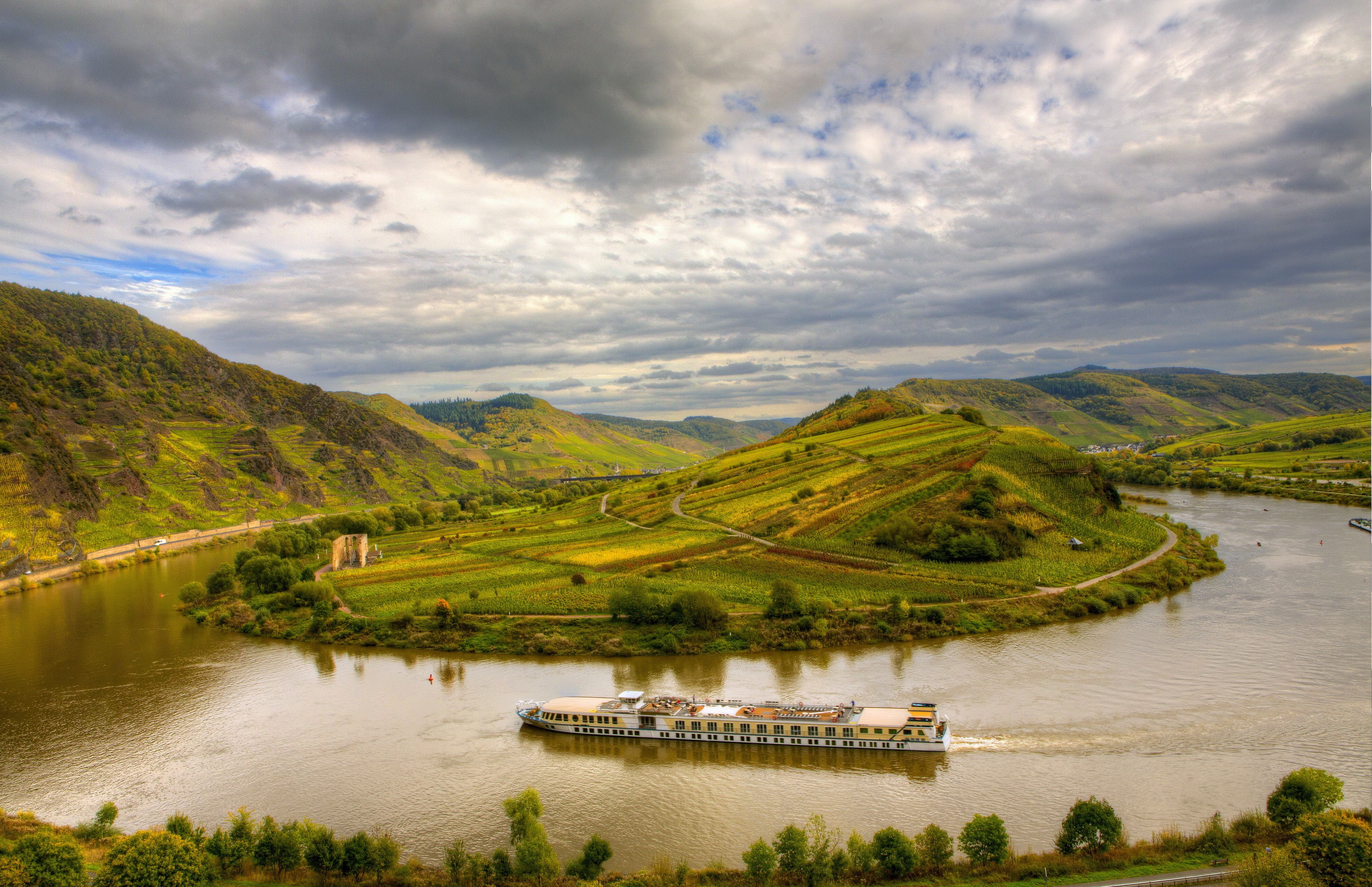 clouds, sky, river, landscape, Bremm, boat, HDR, 2K, mountains, germany, Nature, HD Wallpaper