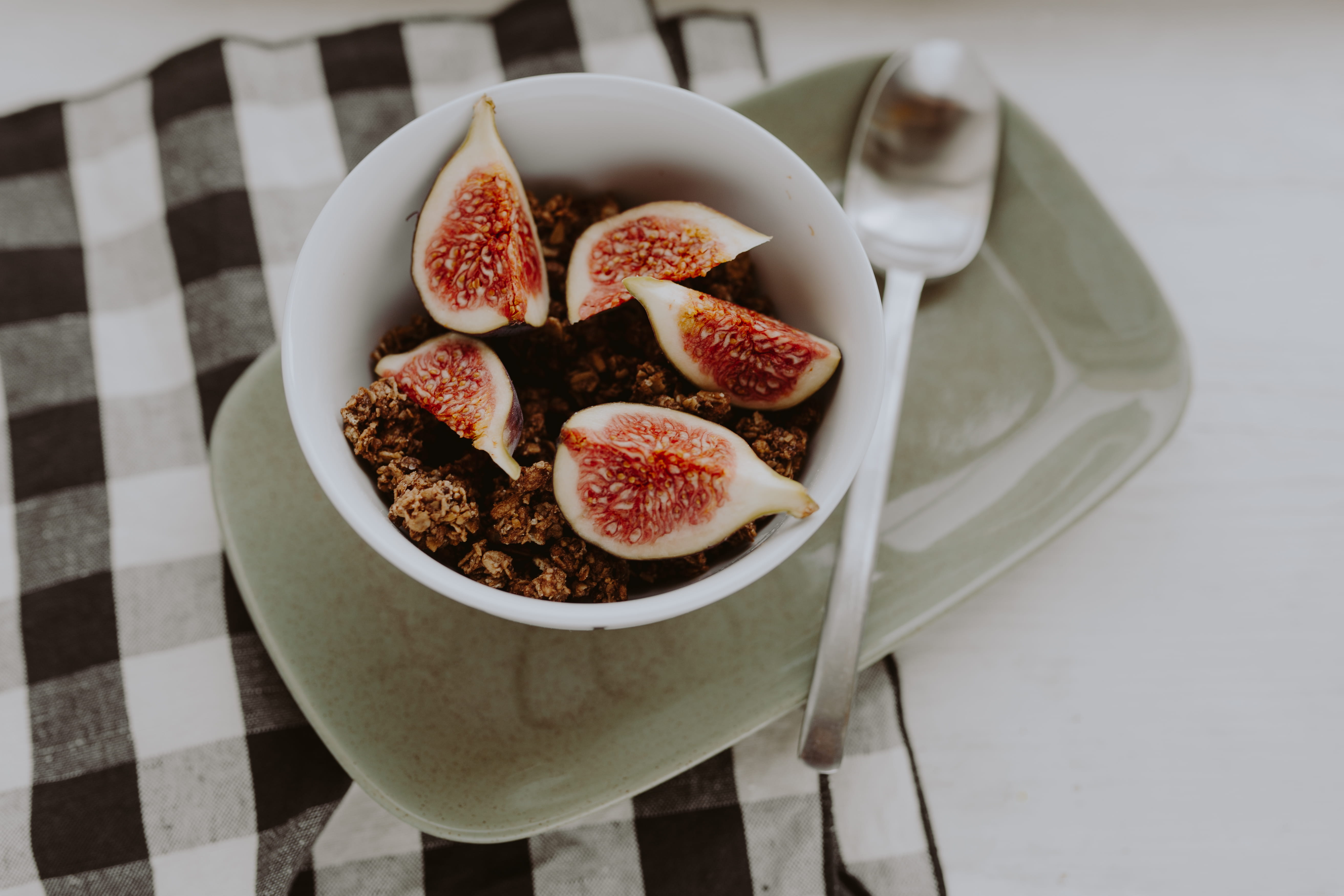granola, directly above, healthy eating, close-up, high angle view, food and drink, figs, meal, bowl, fruits, slice, table, freshness, ready-to-eat, indoors, HD Wallpaper
