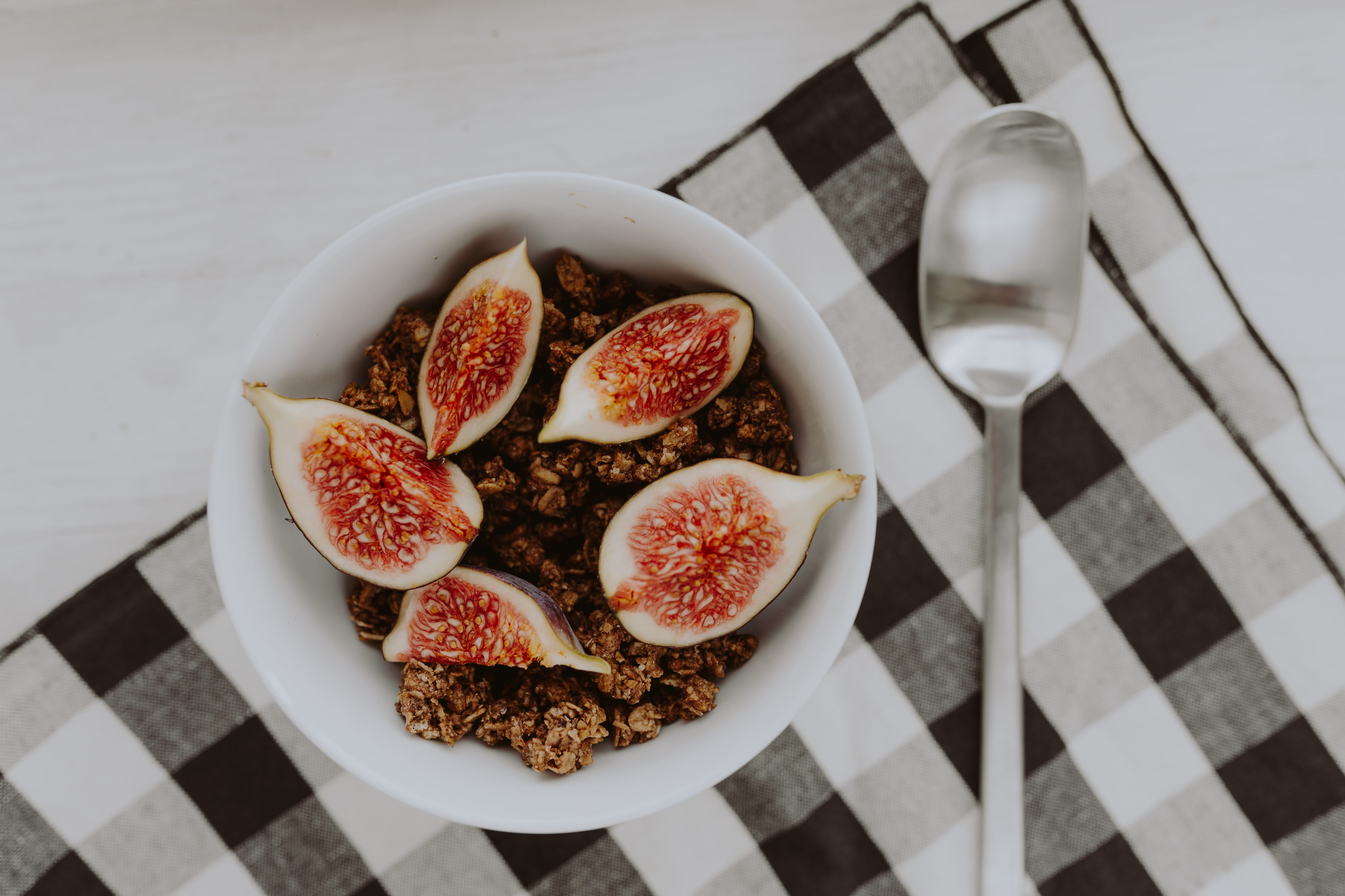 morning, food, meal, healthy eating, fruits, food and drink, high angle view, indoors, figs, fig, breakfast, fruit, still life, slice, checked pattern, HD Wallpaper