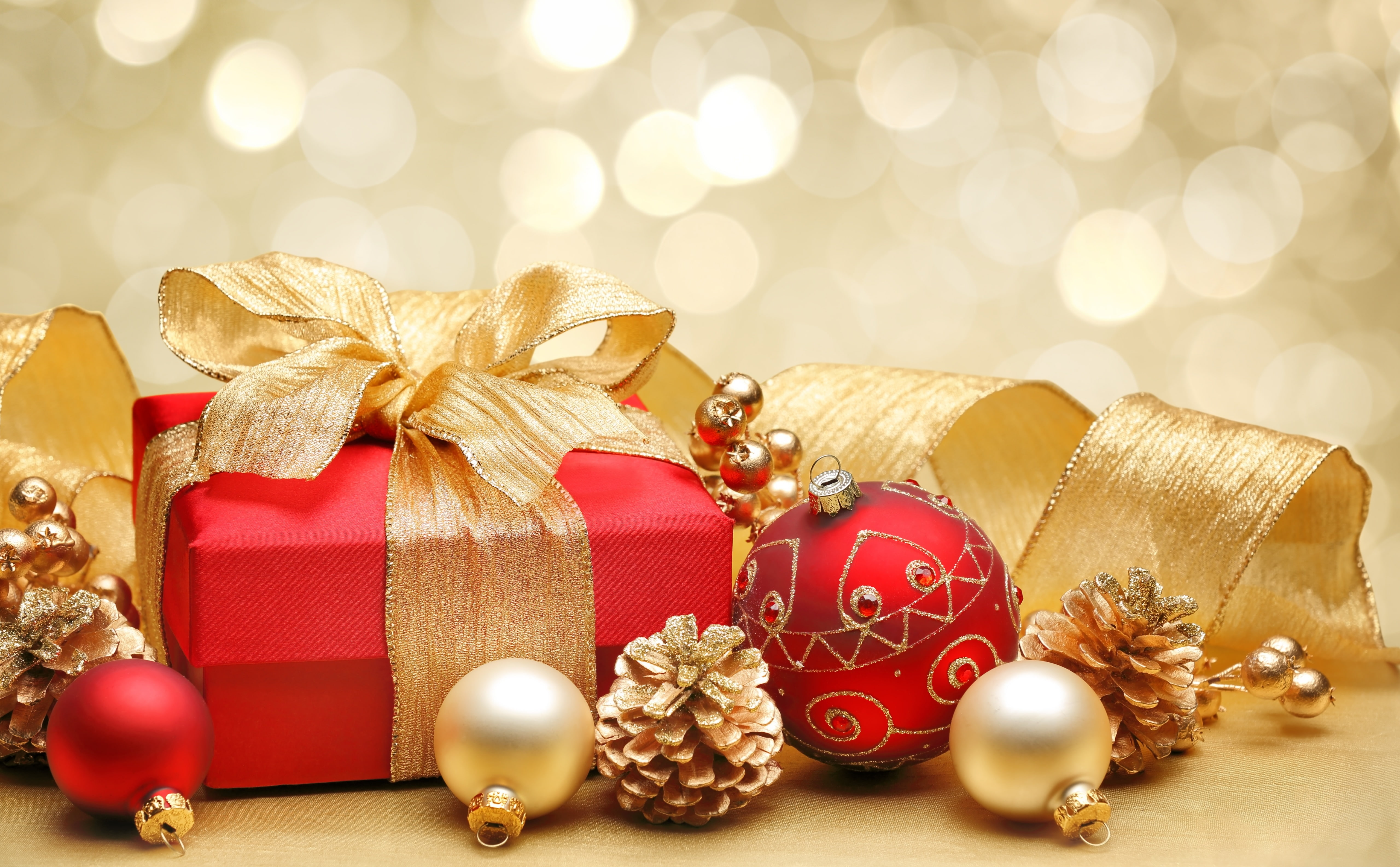 decorate, gold colored, snow, 5K, gifts, presents, decorations, religious, box - container, gift, christmas ornament, tied bow, no people, december, holiday, HD Wallpaper