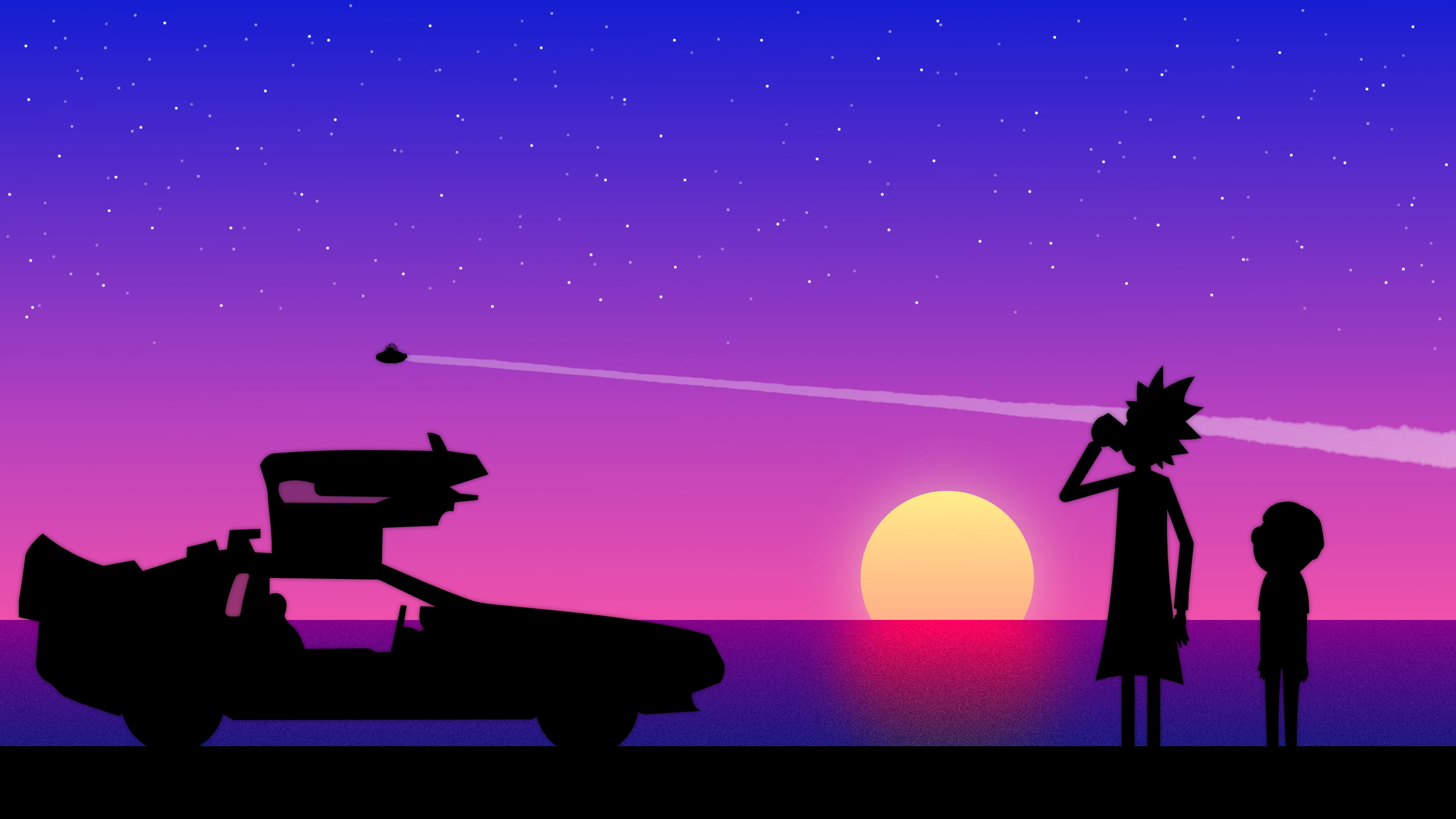 Time Machine, sunset, car, 2K, Rick and Morty, silhouette, caricature, DeLorean, HD Wallpaper