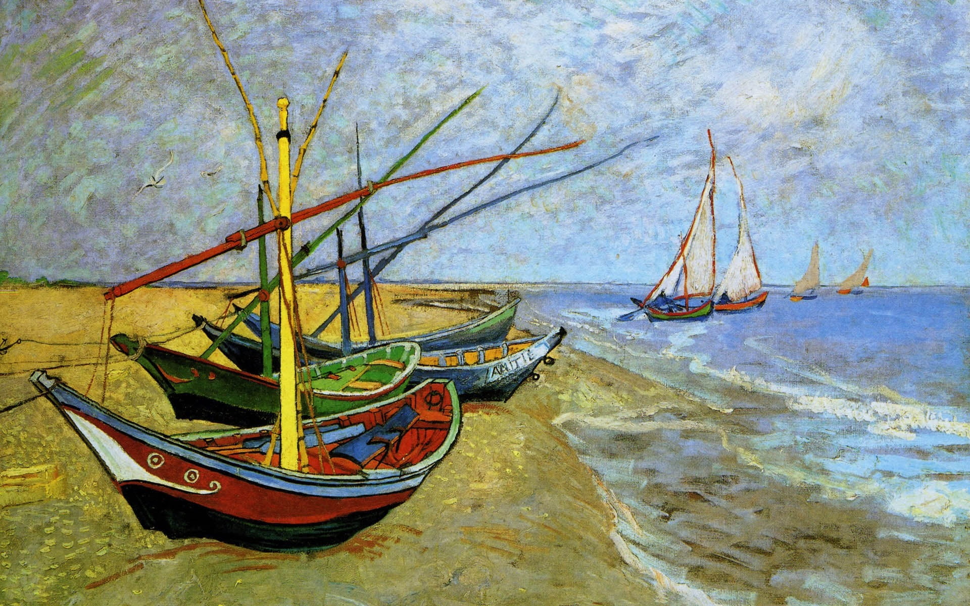 sailboat, travel, shore, nautical vessel, Vincent Van Gogh, no people, beach, high angle view, old, 1080P, beauty in nature, multicolored, architecture, HD Wallpaper