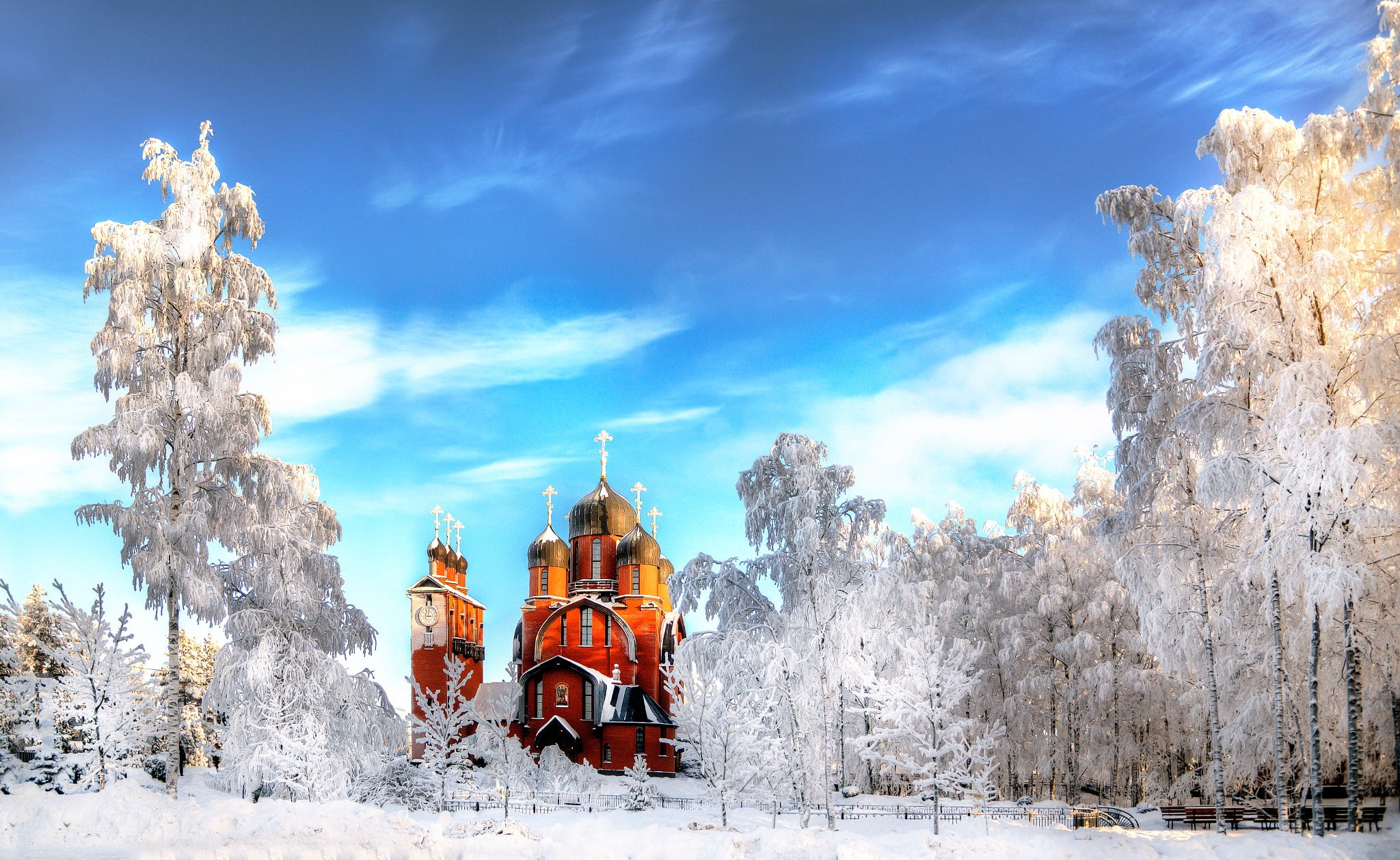 church, 1080P, frost, winter, architecture, Russia, St. Petersburg, trees, HD Wallpaper