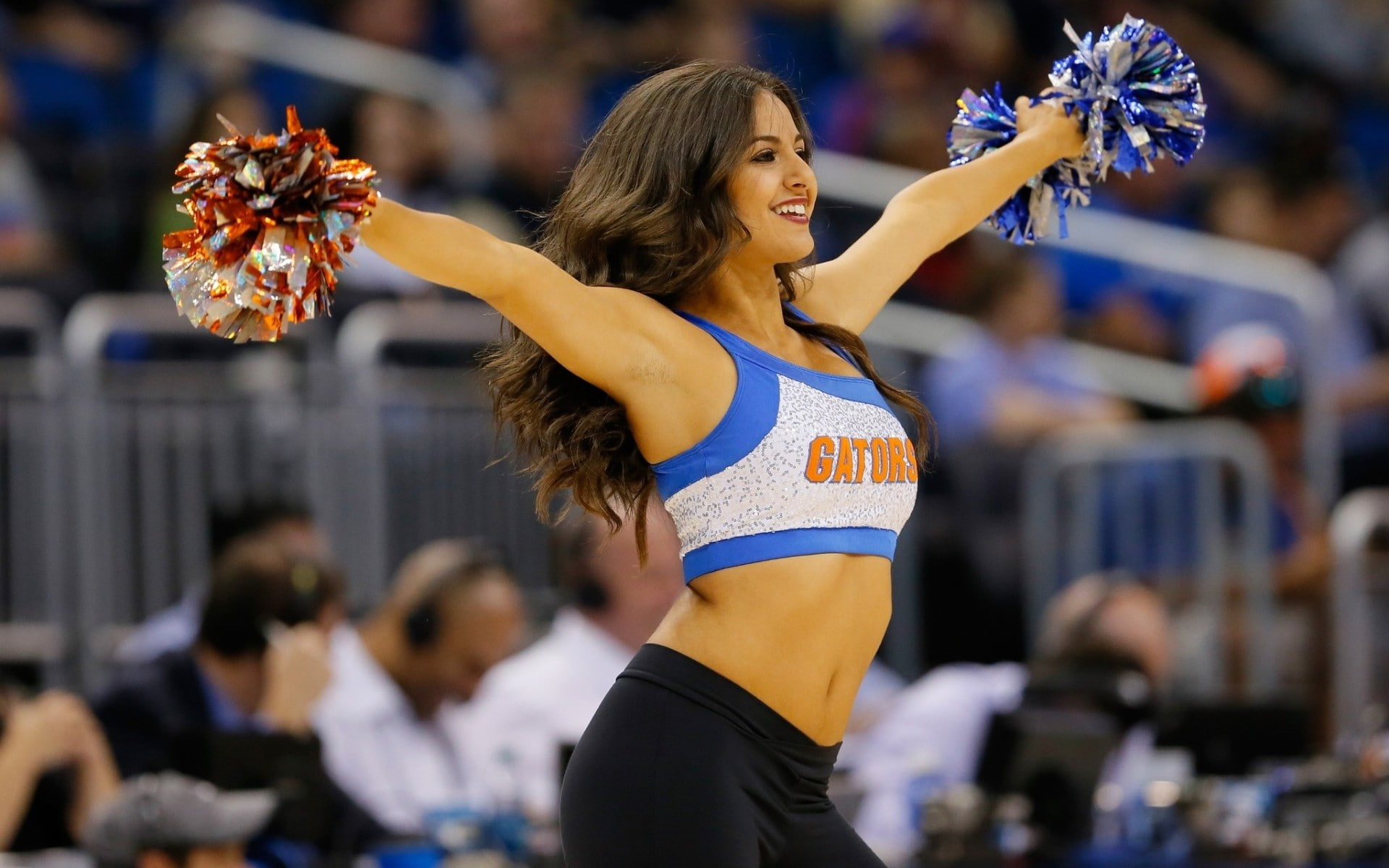 standing, women, one person, focus on foreground, Florida Gators, adult, incidental people, brunette, young adult, human limb, cheerleaders, arms raised, HD Wallpaper