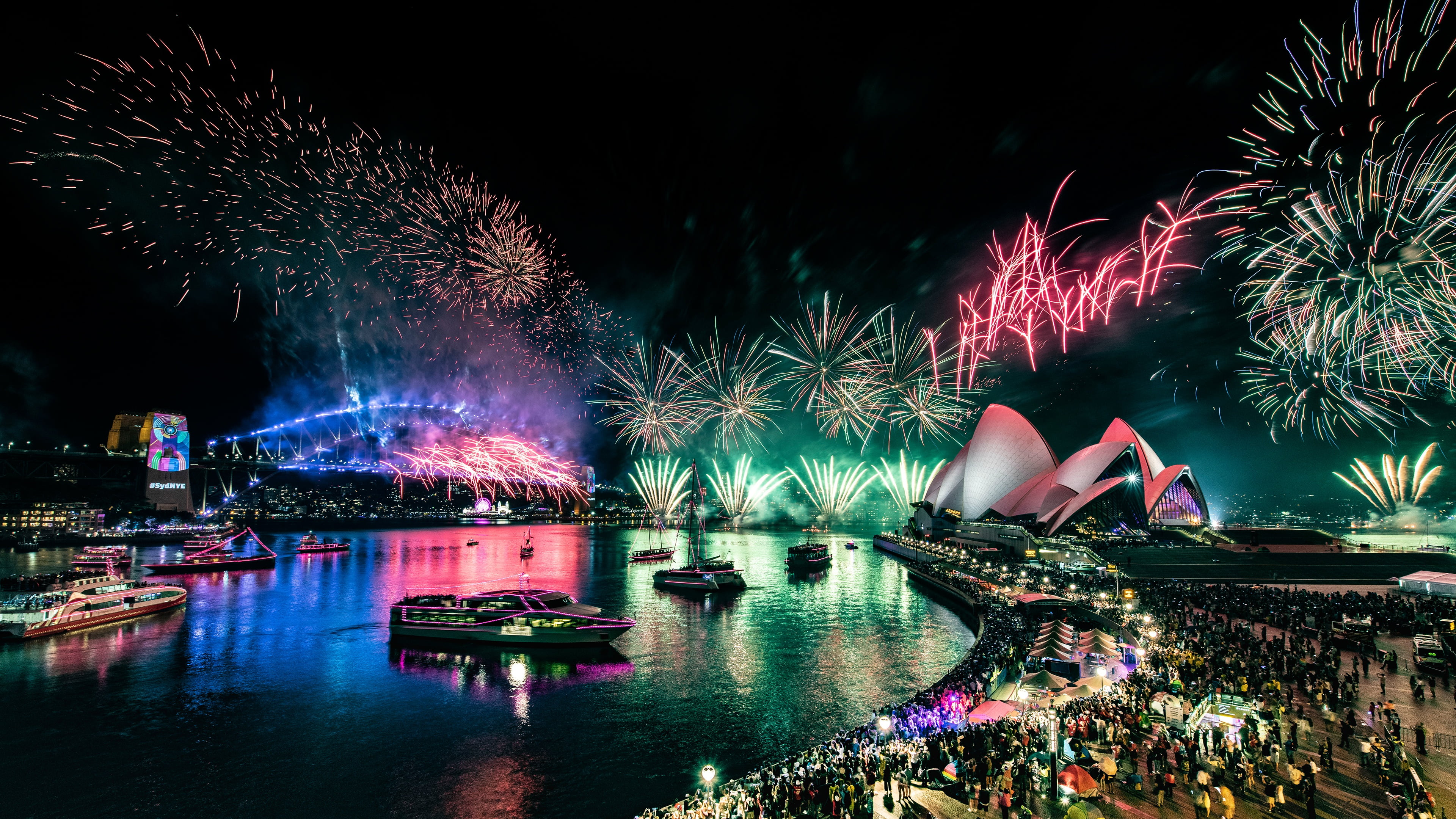 Opera house, lights, salute, the city, view, 4K, boats, holiday, show, the night sky, night, reflection, Grand, green, promenade, people, the crowd, fireworks, HD Wallpaper