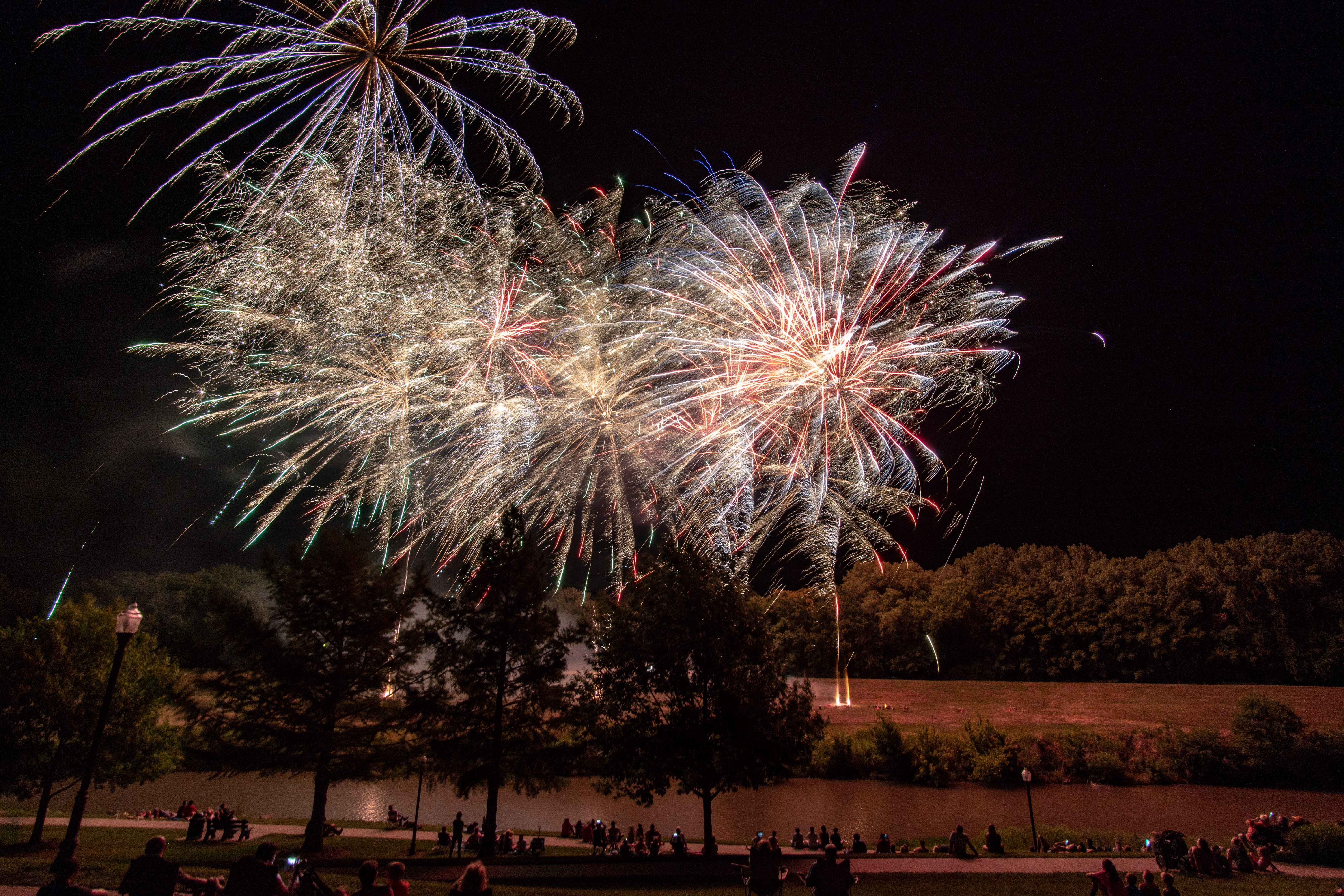 outdoors, watching, spectator, crowd, spectacle, sky, exploding, firework, council grove, firework - man made object, event, celebration, rockets, fireworks, HD Wallpaper
