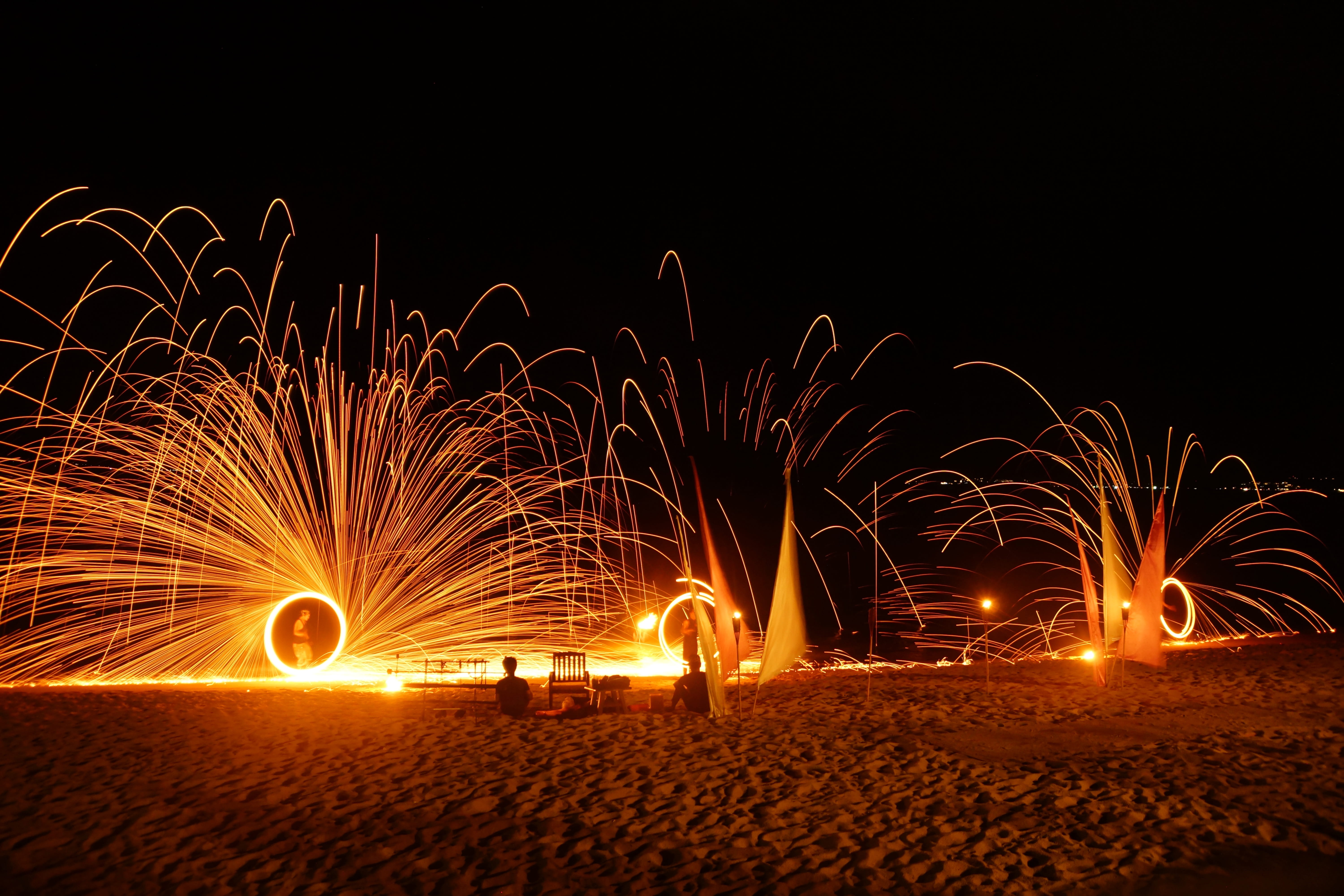 light, no people, night, 5K, arts culture and entertainment, long exposure, fire show, burning, celebration, illuminated, nature, asia, sky, wire wool, HD Wallpaper