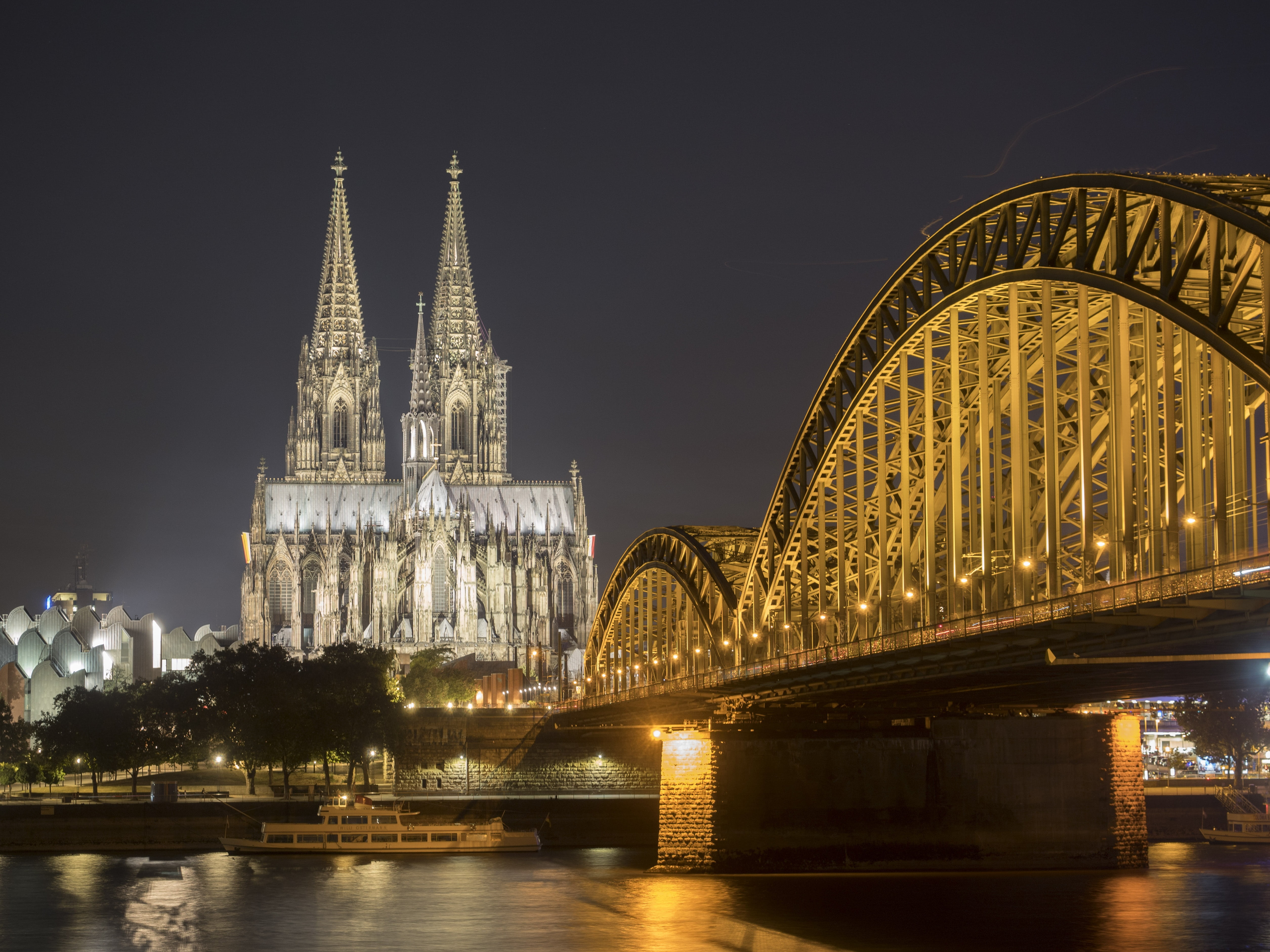 hohenzollern bridge, lighted, landmark, river, cologne on the rhine, famous Place, connection, illuminated, nature, city, building exterior, travel destinations, HD Wallpaper