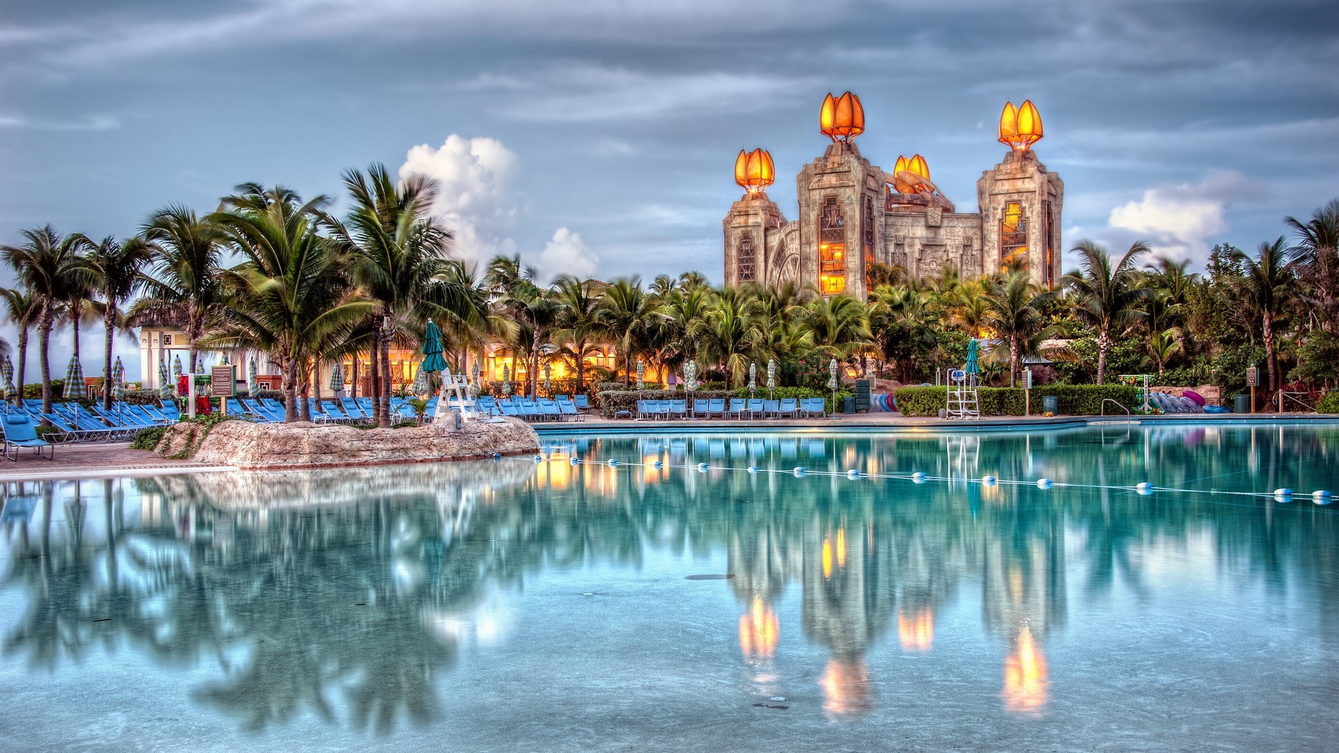 built structure, nature, sky, luxury, tropical climate, HDR, travel, palm trees, outdoors, water, travel destinations, city, building exterior, architecture, HD Wallpaper