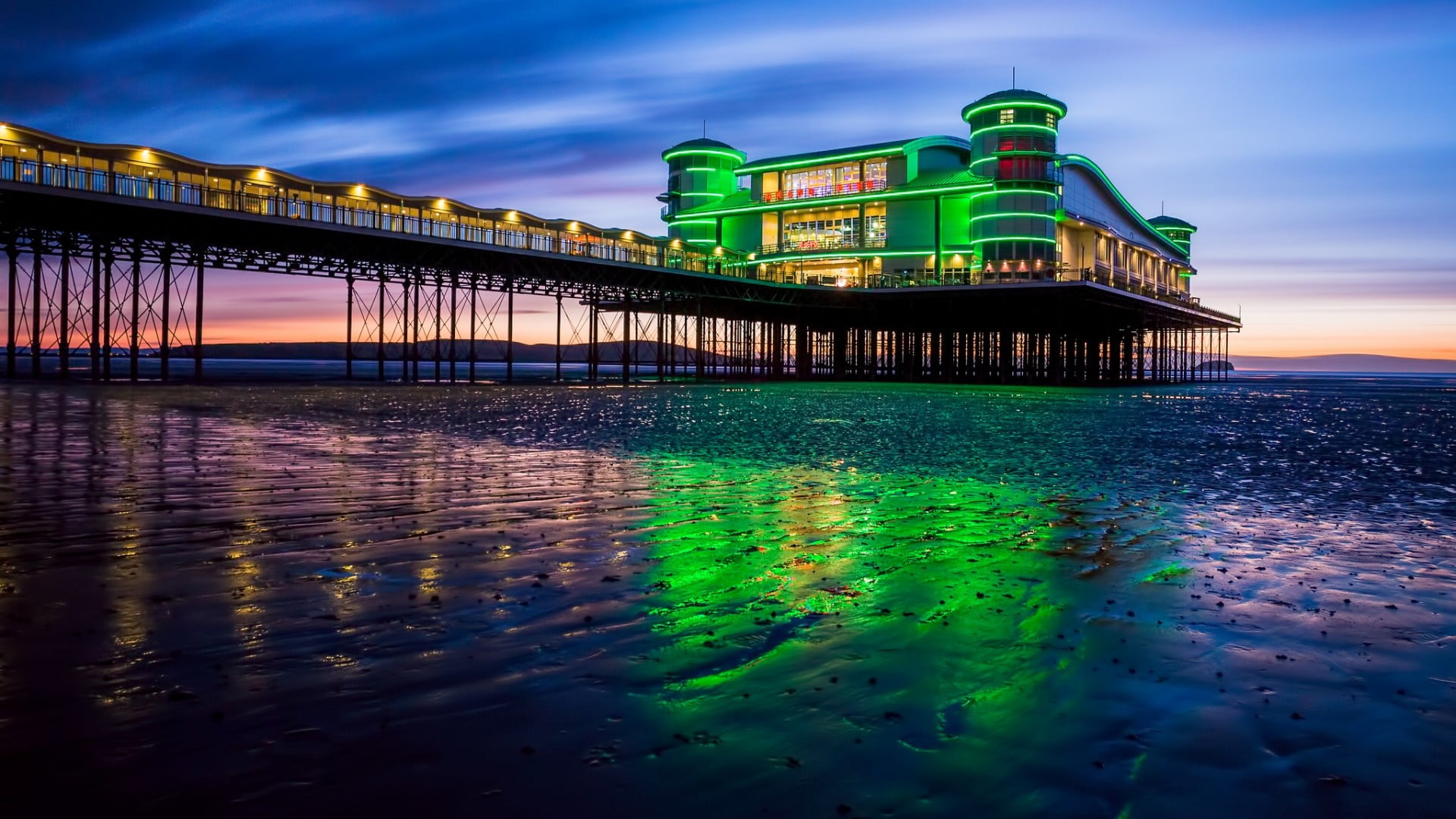 building, UK, lights, outdoors, no people, 1080P, built structure, green, architecture, green color, cloud - sky, sunset, sky, dusk, bridge, travel destinations, HD Wallpaper