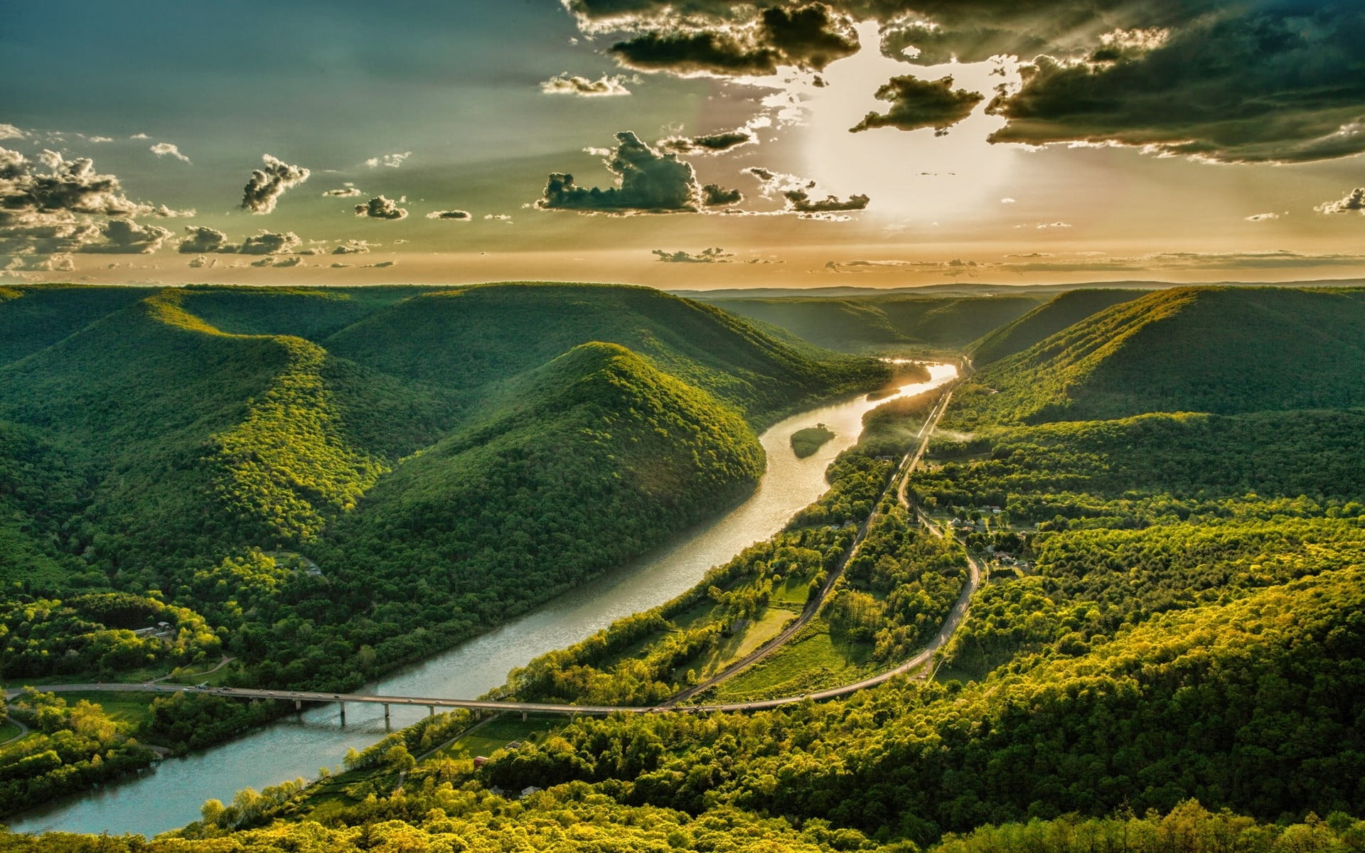 bridge, mountains, plant, highway, landscape, valley, idyllic, sky, sunset, outdoors, non-urban scene, scenics - nature, no people, water, tranquility, HD Wallpaper