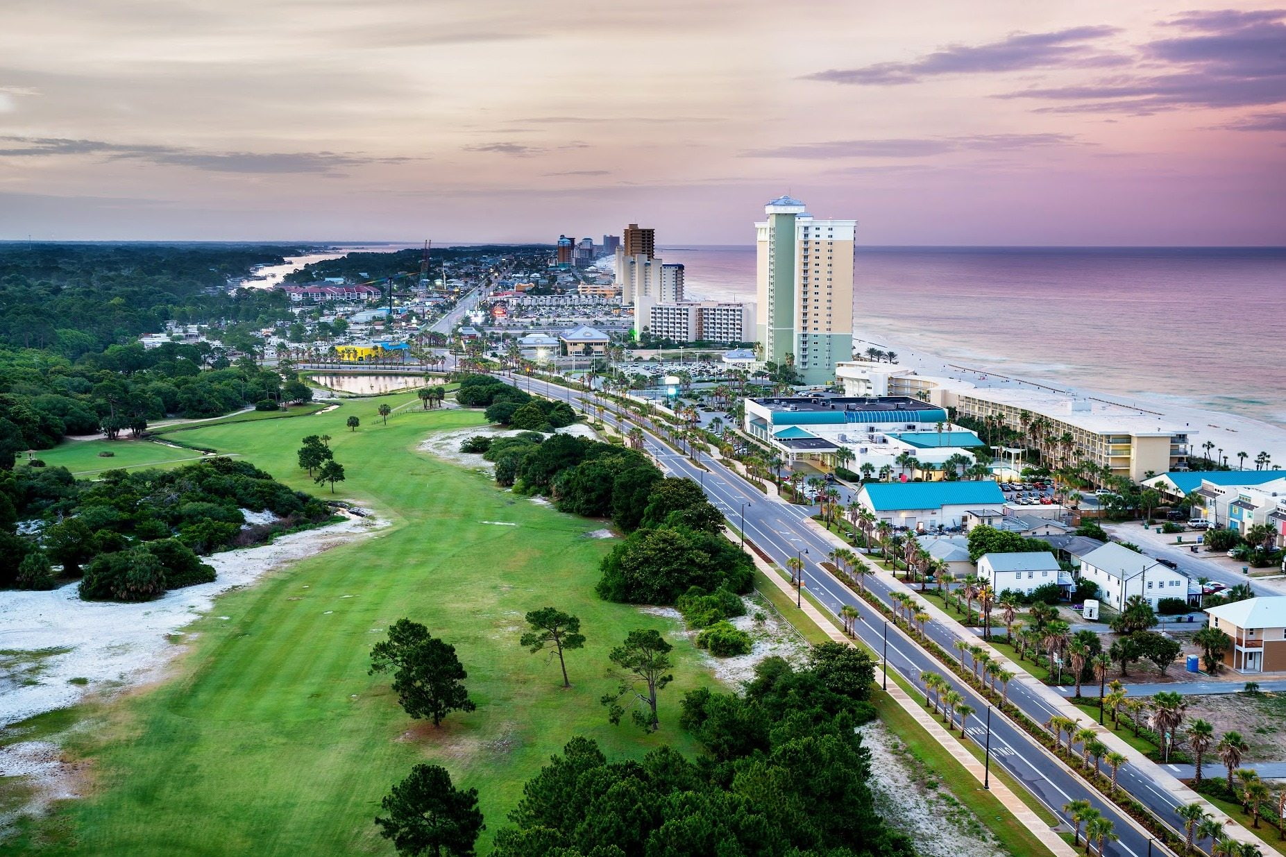 trees, Panama City, aerial view, building, forest, highway, clouds, 720P, sea, cityscape, USA, grass, horizon, field, Florida, beach, road, HD Wallpaper