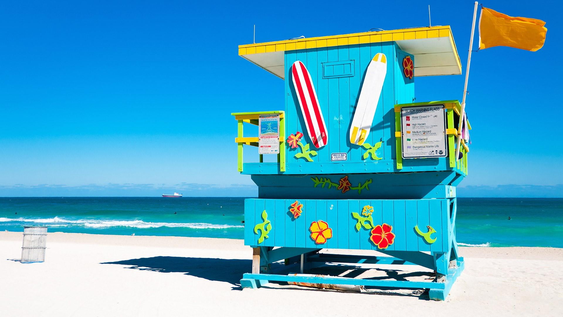 sky, summer, sand, usa, miami, outdoors, blue sky, vacation, no people, florida, tranquil scene, blue ocean, beach, day, scenics - nature, lifeguard hut, HD Wallpaper