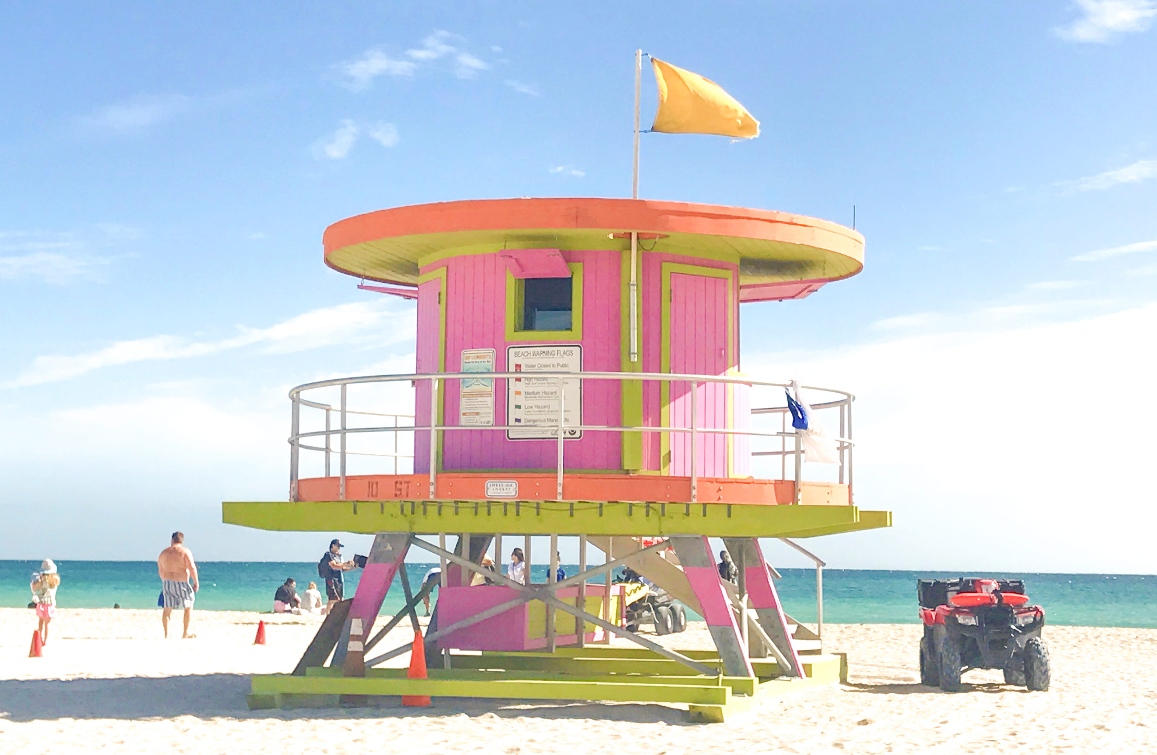 miami beach, sea, vacations, cloud - sky, sky, men, outdoors, florida, tropical, outdoor, lifeguard, pink, south beach, united states, land, trip, flag, HD Wallpaper