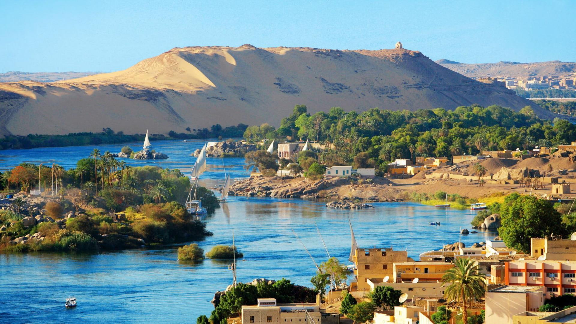 desert, aswan, green, boats, lake, 1080P, trees, egypt, nature and landscapes, town, HD Wallpaper