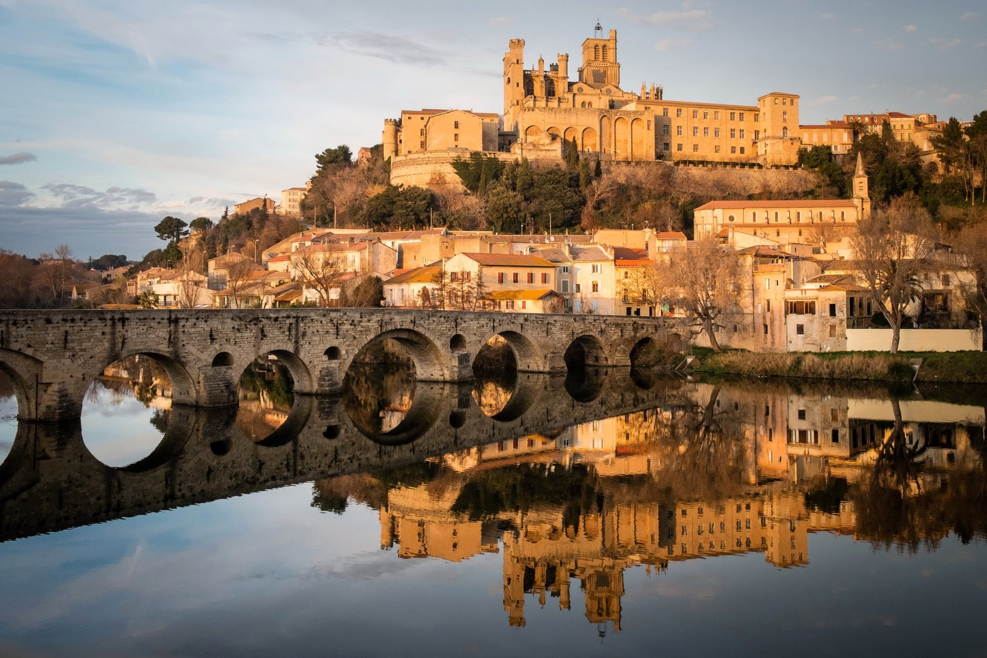 Bridge, Building, Reflection, 1080P, France, Town, Man Made, House, Beziers, River, HD Wallpaper