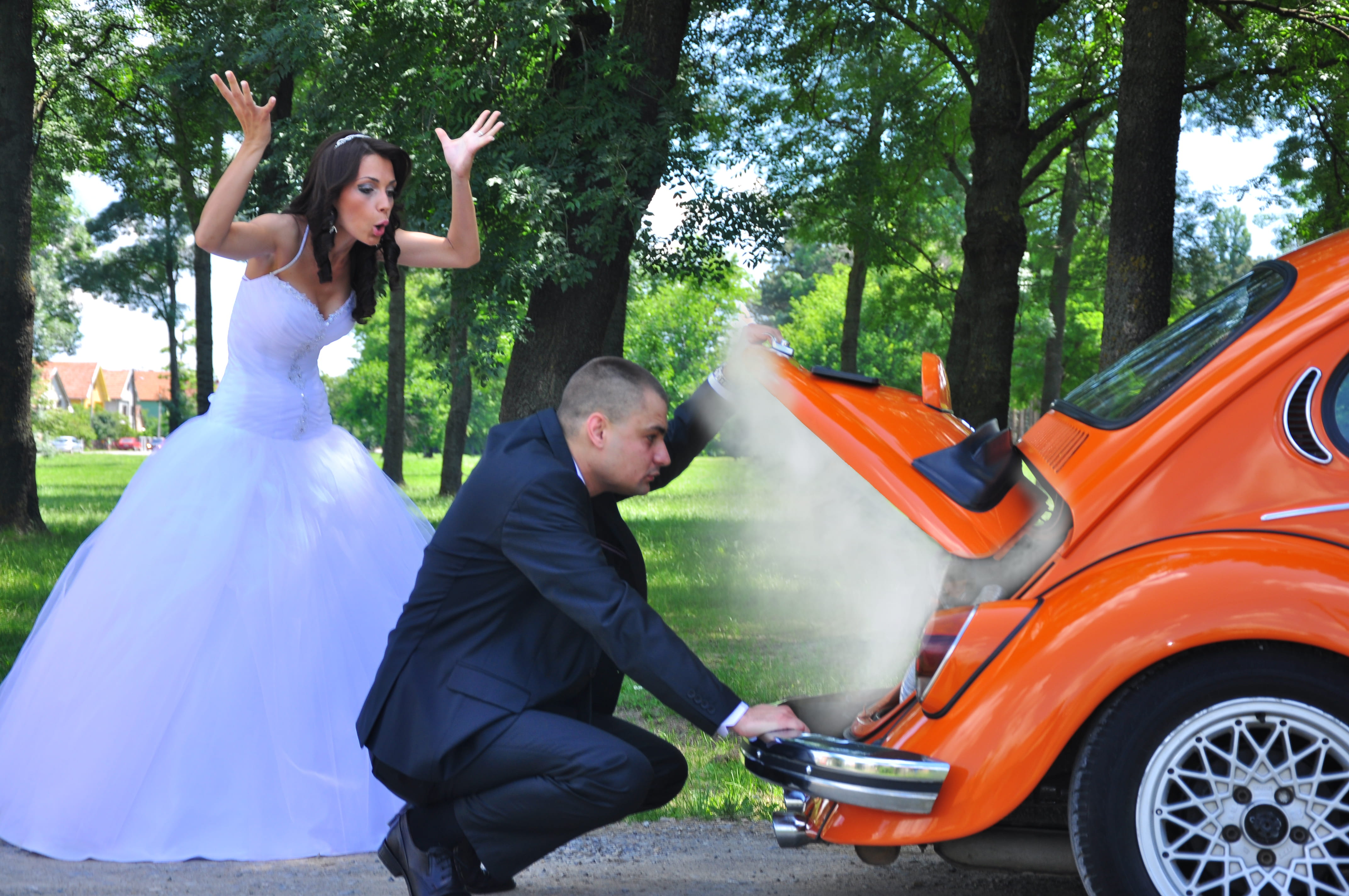 park, emotion, adult, white, vehicle, wheel, young men, car, vw beetle, road, couple - relationship, people, summer, love, broken, orange, well-dressed, HD Wallpaper