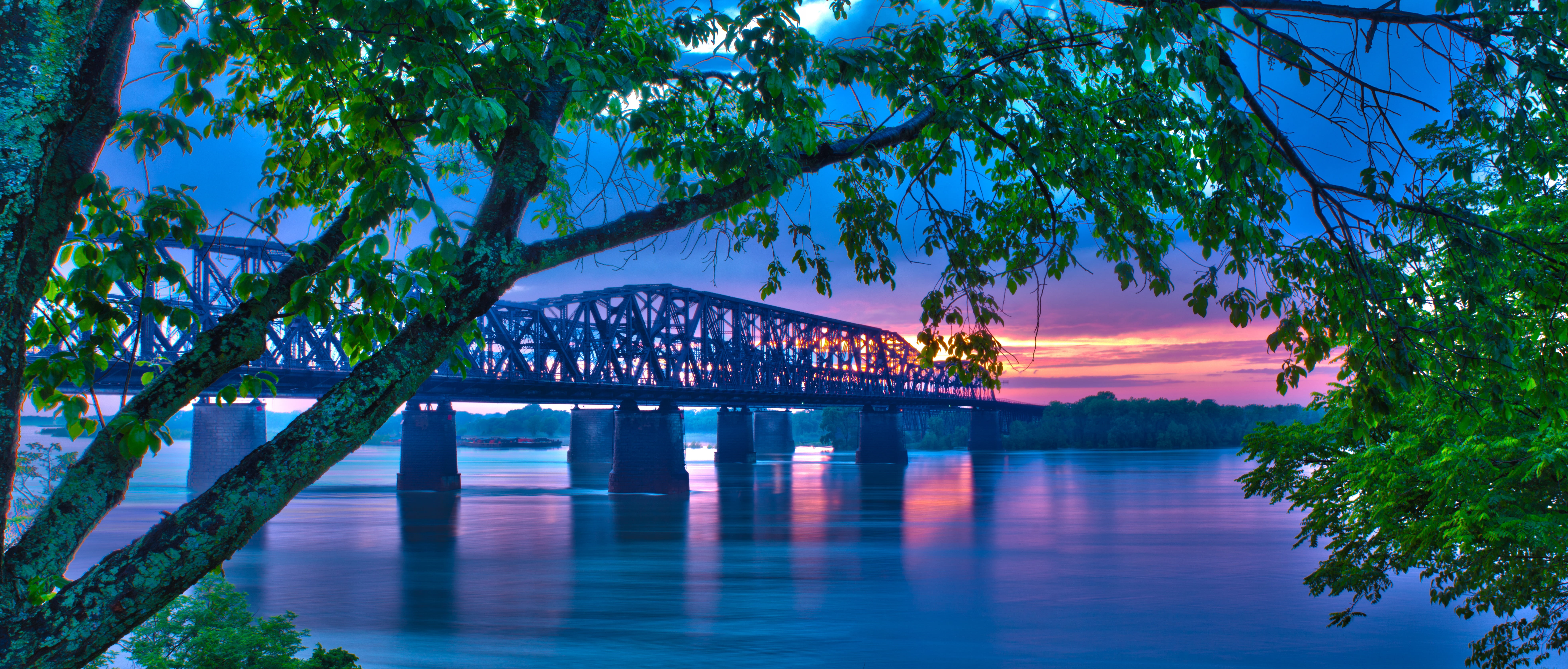 no people, water, sunset, tree, 8K, landmark, cloud - sky, urban, dusk, plant, old, bridge - Man Made Structure, usa, sun, cityscape, travel, evening, HD Wallpaper
