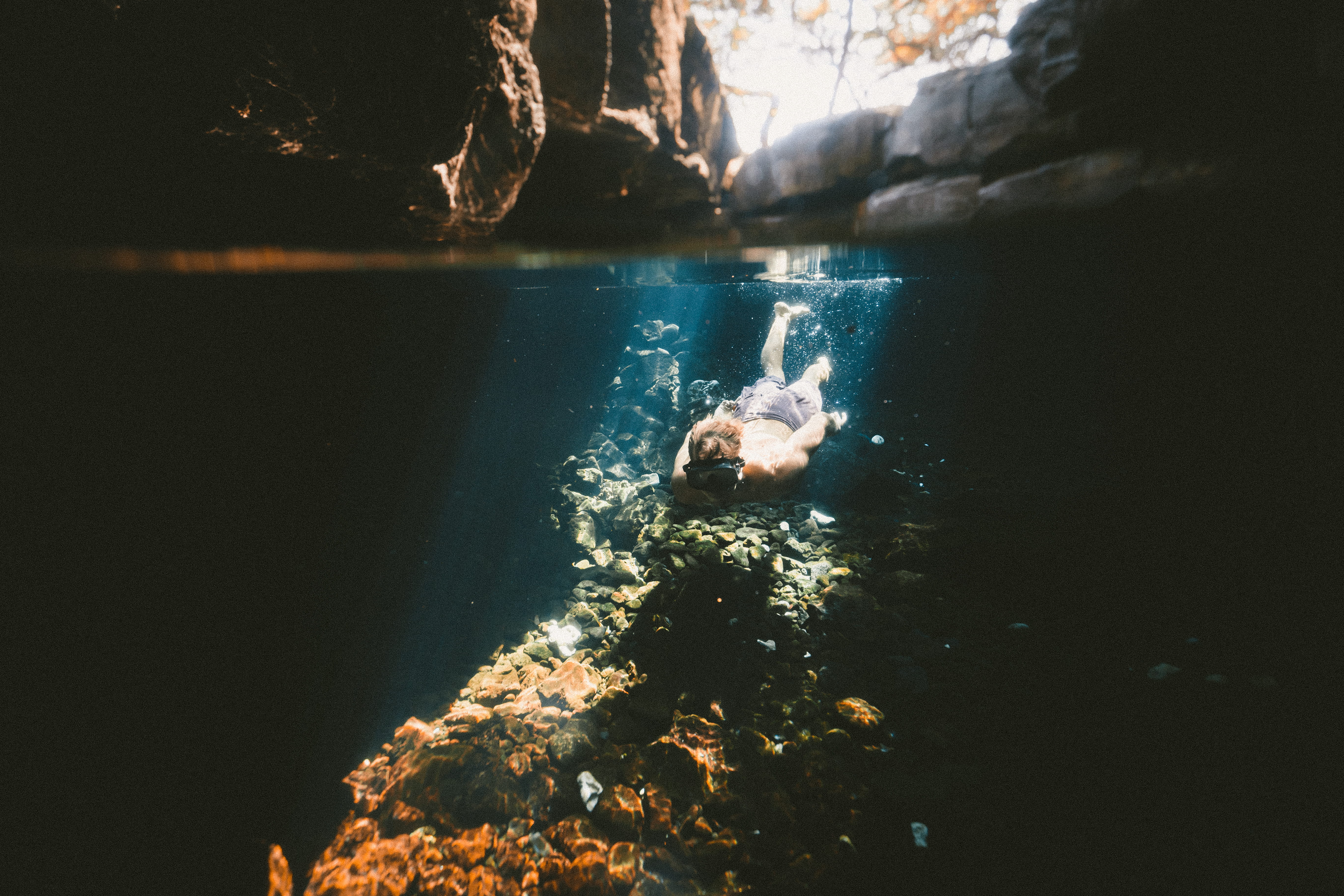 diving into water, cave, sea, island, islands, rock, paradise, nature, outdoors, coast, wearing, exploration, beach, swim, person, goggles, vacations, underwater diving, HD Wallpaper