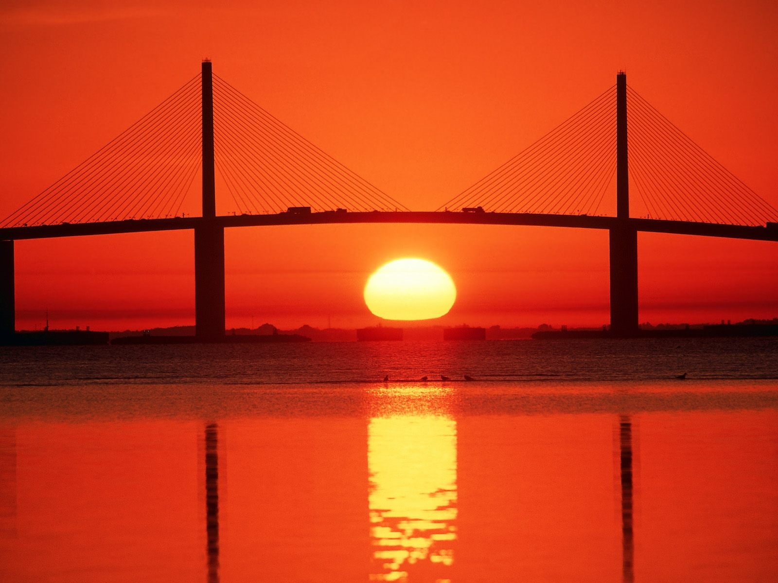 sea, 720P, sunset, Florida, bridge, sunlight, silhouette, HD Wallpaper