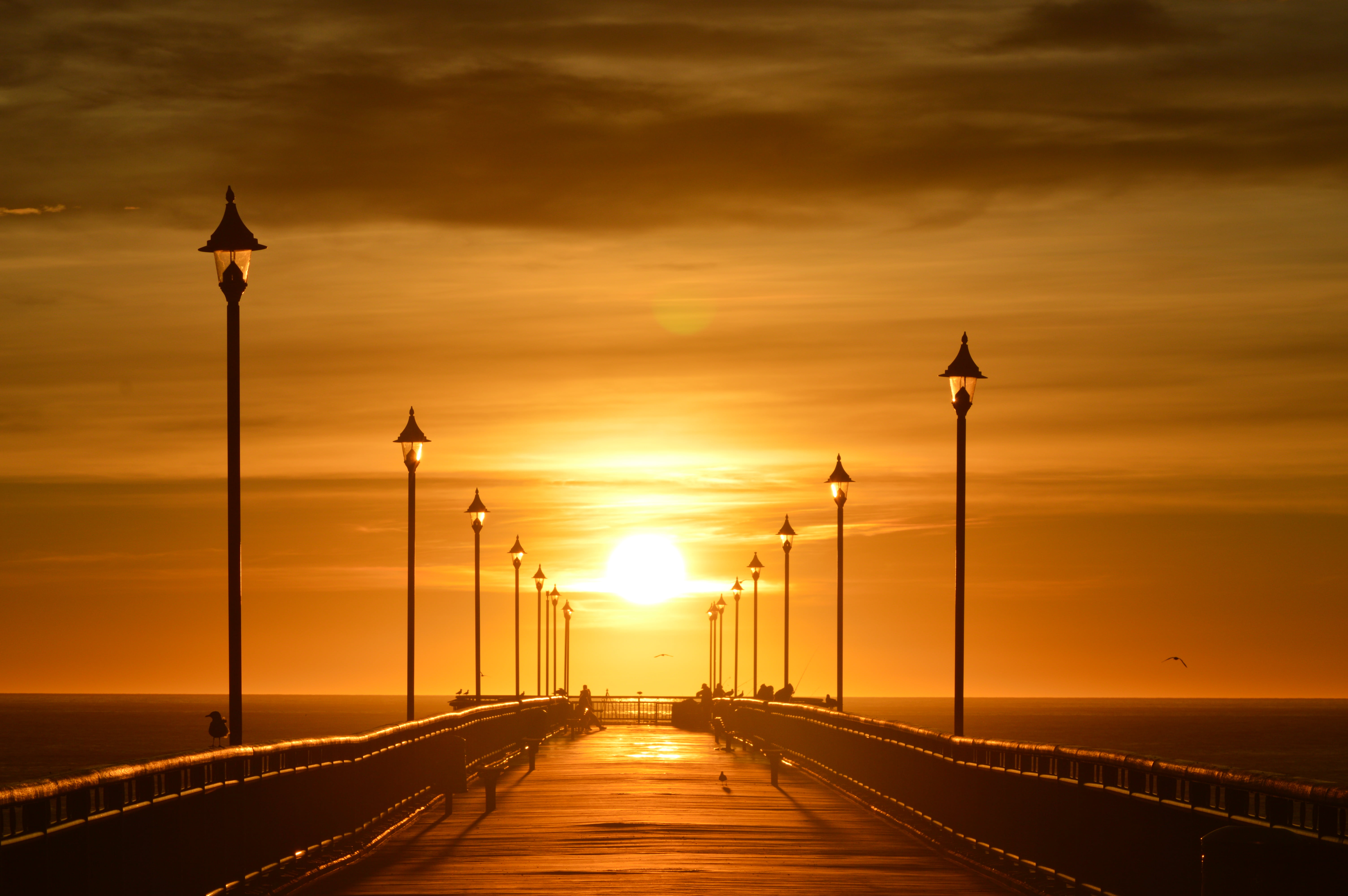 new Brighton, sunrise  beach, sunset, bridge, 5K, sea, Christchurch, clouds, Brighton pier, HD Wallpaper