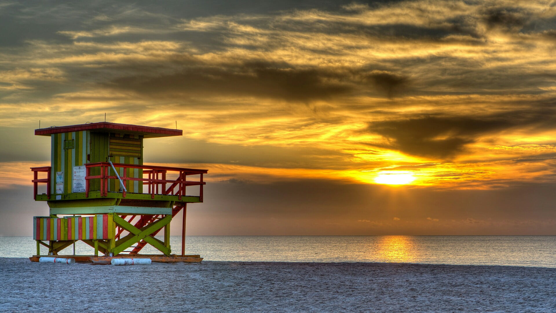 man made structure, beach, evening, scenics - nature, cloud - sky, ocean, lifeguard tower, dusk, miami, architecture, summer, united states, no people, HD Wallpaper
