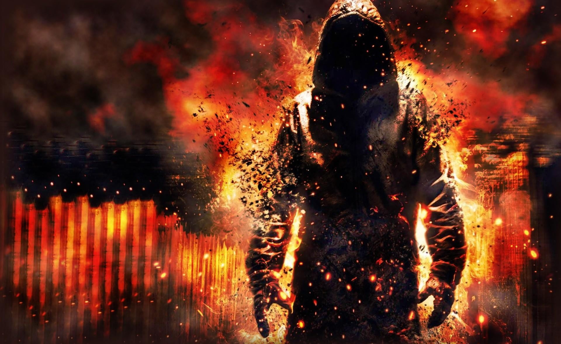 orange color, yellow, real people, burning, black Color, flame, destruction, night, inferno, heat - Temperature, backgrounds, 1080P, glowing, abstract, HD Wallpaper