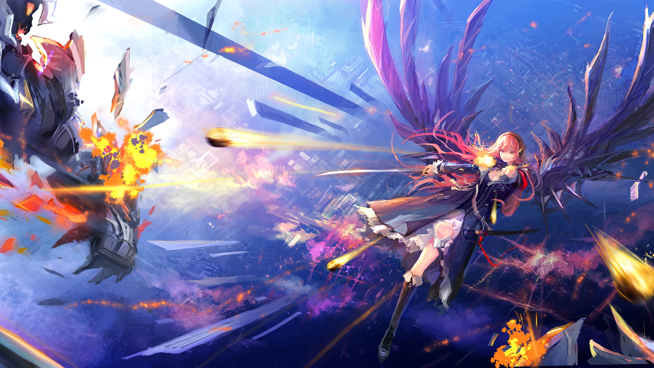close-up, fire, celebration, 1080P, illuminated, Vocaloid, real people, wings, motion, event, gun, day, anime girls, people, debris, nature, festival, HD Wallpaper