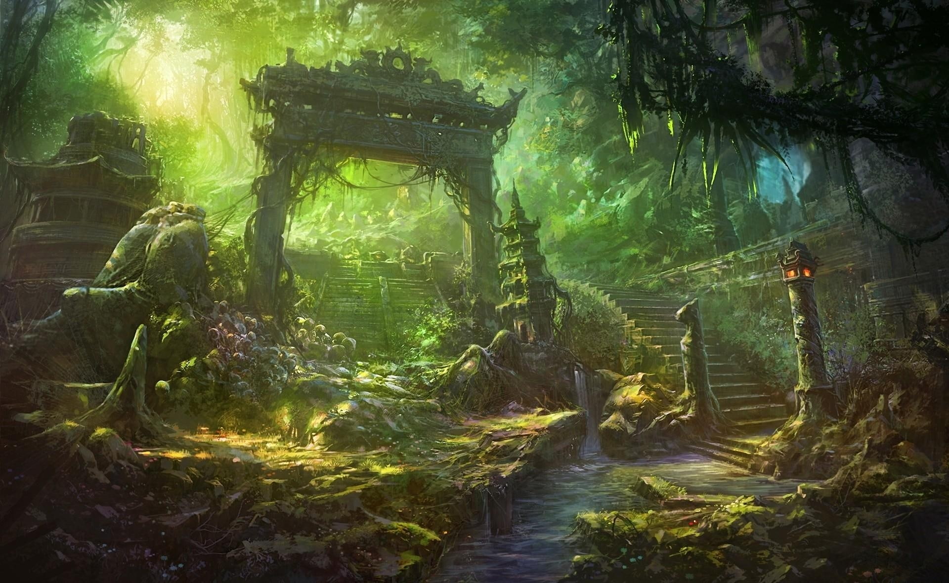 overgrown, 1080P, arch, staircase, debris, forest, HD Wallpaper