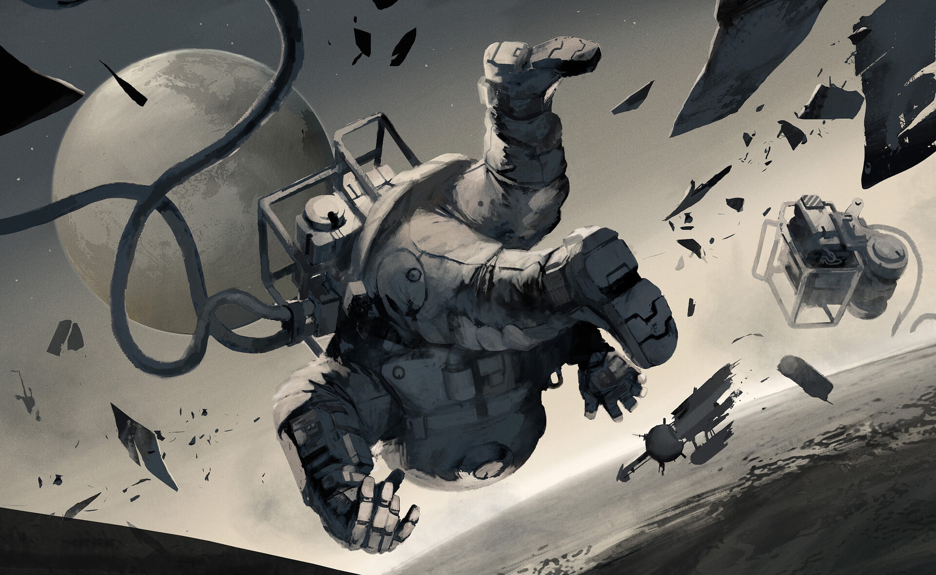 helmet, debris, astronaut, planet, 1080P, monochrome, space station, science fiction, crash, HD Wallpaper