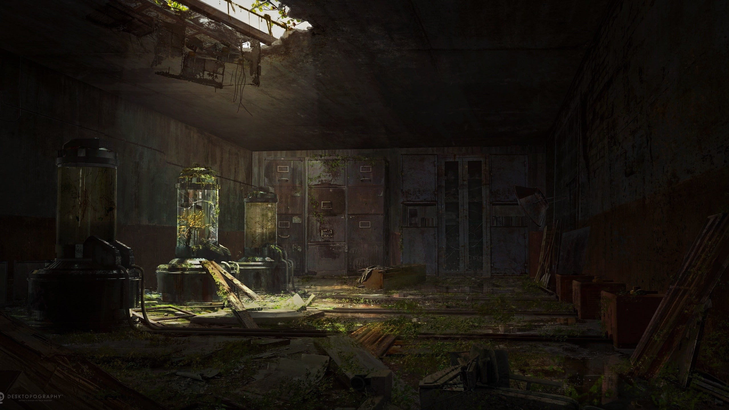 abandoned, debris, CGI, lights, digital art, reconquer, broken glass, facility, 2K, nature, HD Wallpaper