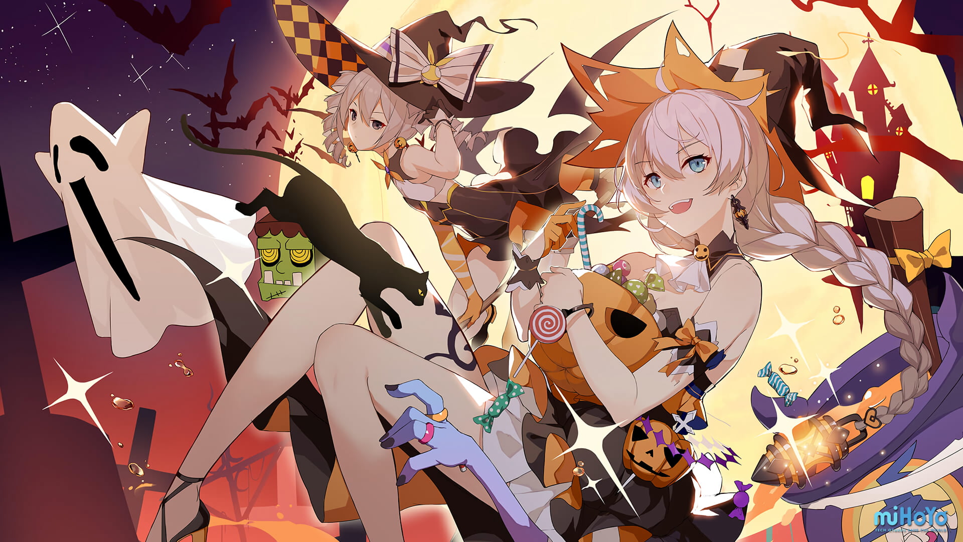 1080P, digital art, artwork, video games, Honkai Impact, long hair, Honkai Impact 3rd, anime girls, white hair, Halloween, Kiana Kaslana, Bronya Zaychik, HD Wallpaper