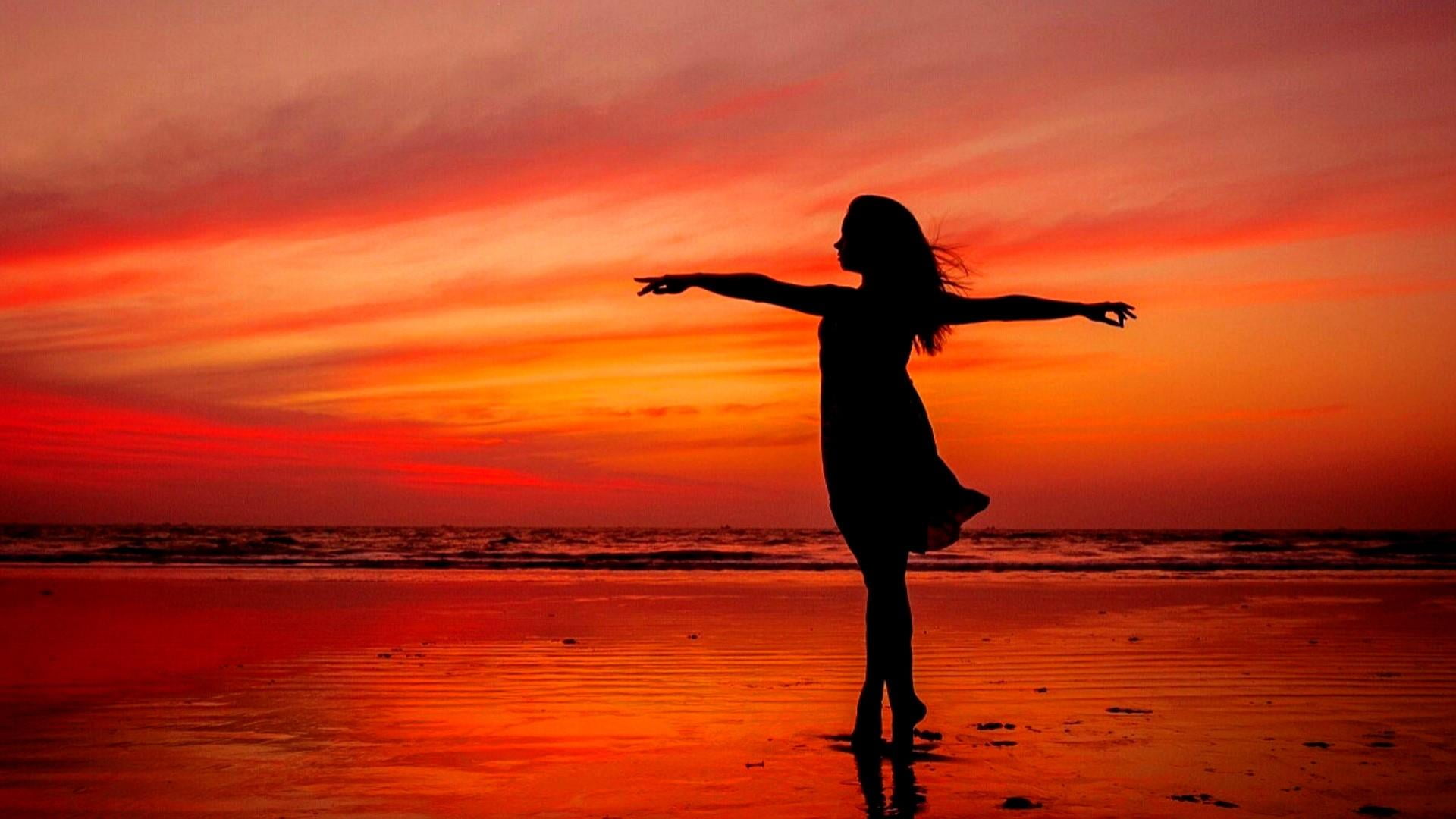 orange color, one person, leg, horizon over water, orange sky, dance, tranquility, standing, sky, human arm, lifestyles, 1080P, cloud - sky, arms outstretched, HD Wallpaper