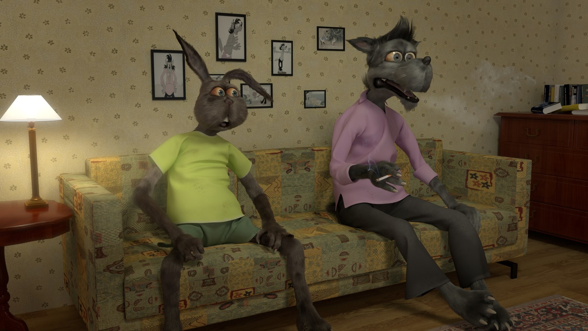 home interior, couch, human representation, real people, mirror, CGI, domestic room, representation, sitting, one person, fan art, rabbits, seat, smoking, HD Wallpaper
