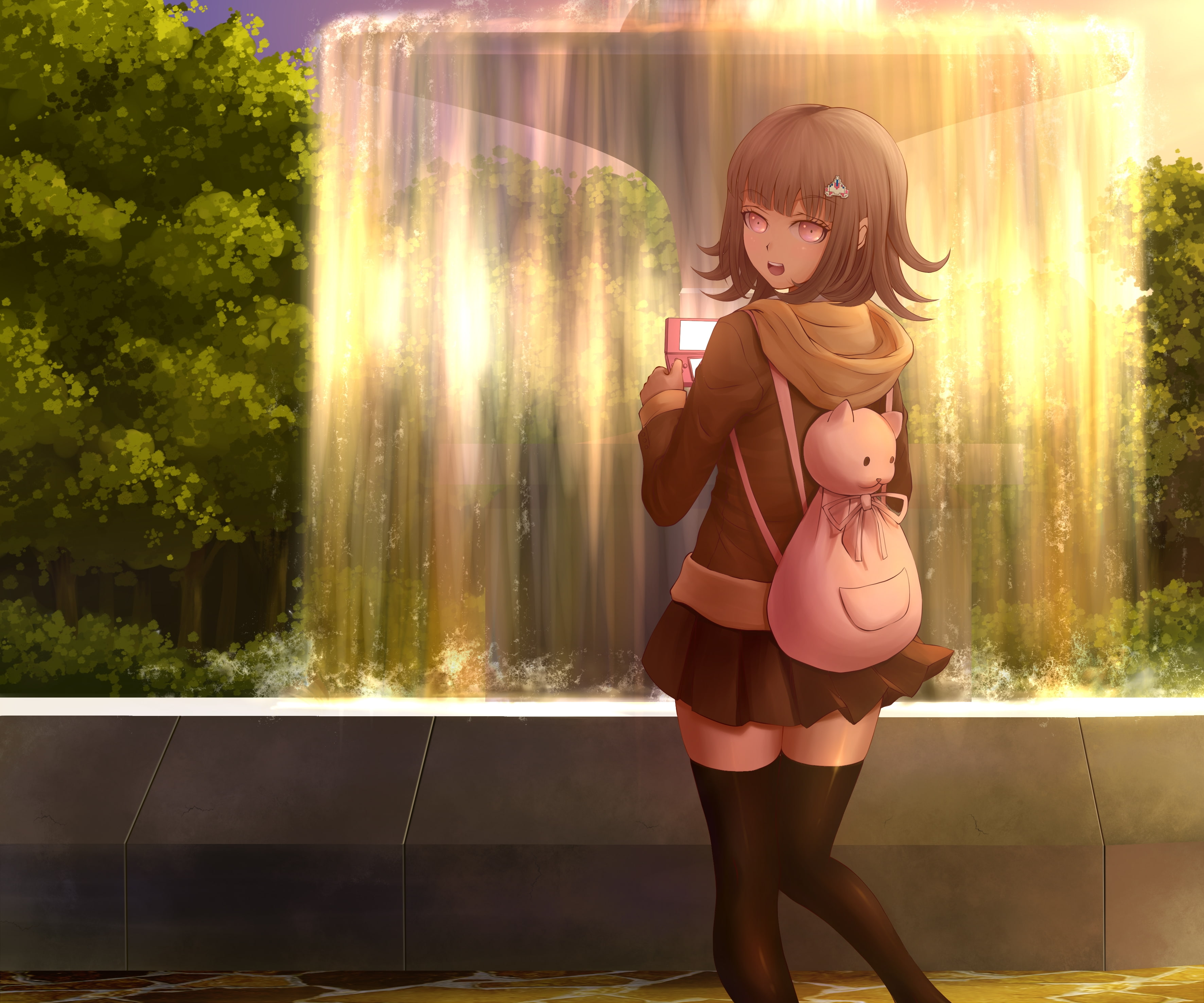 outdoors, leisure activity, nanami chiaki, one person, females, technology, fashion, fountain, lens flare, Danganronpa 3: The End of Kibougamine Gakuen, HD Wallpaper