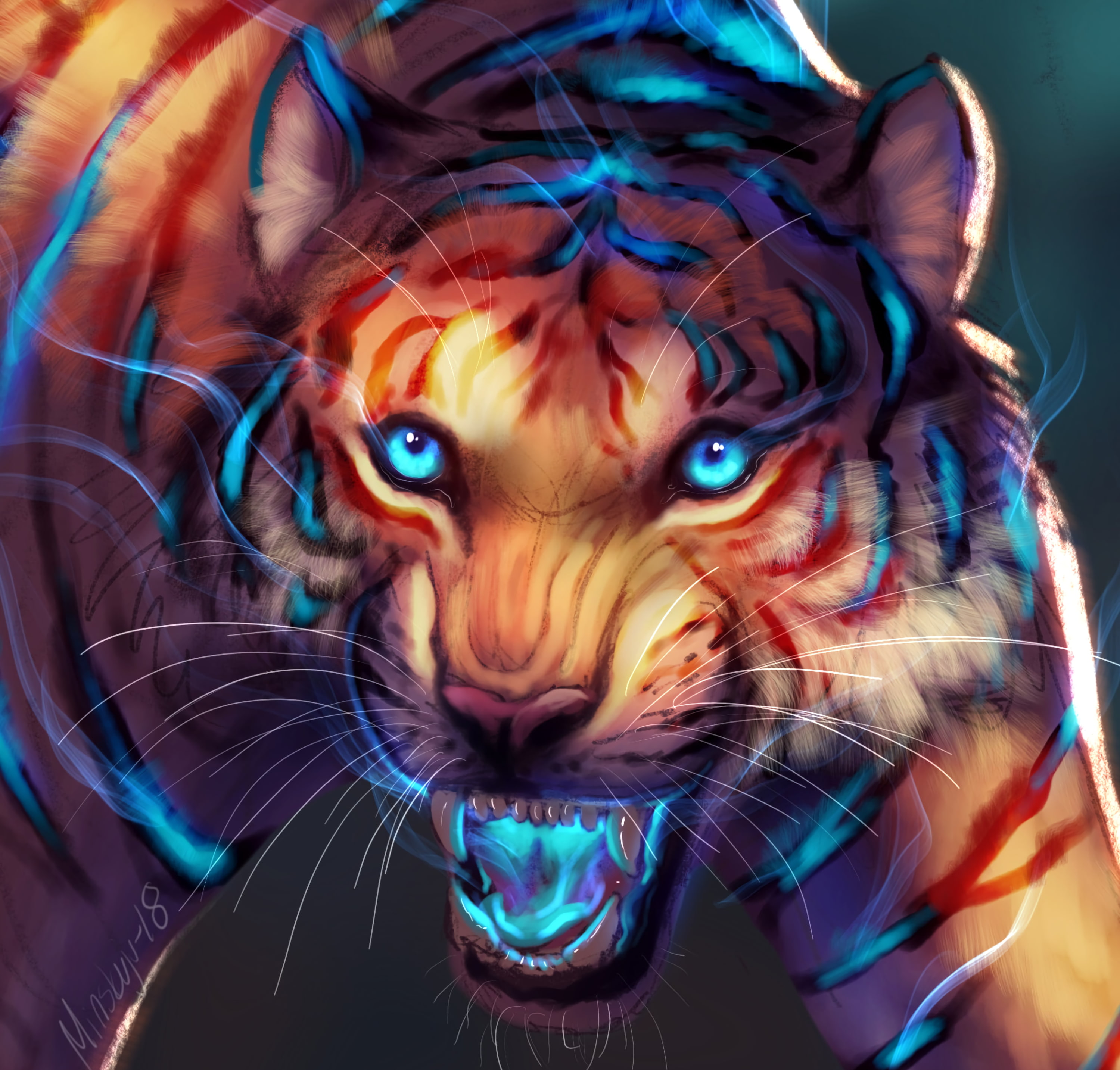 grin, art, tiger, 2K, predator, glow, muzzle, HD Wallpaper