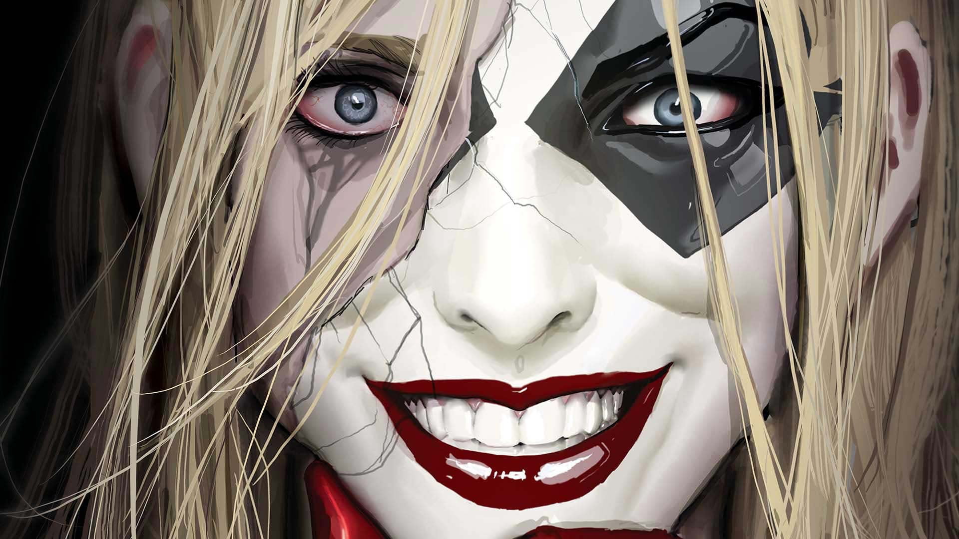 comics, mask, blue eyes, grin, 1080P, face, fantasy girl, lipstick, superheroine, artwork, Harley Quinn, fantasy art, hair in face, mouth, girl, blonde, HD Wallpaper