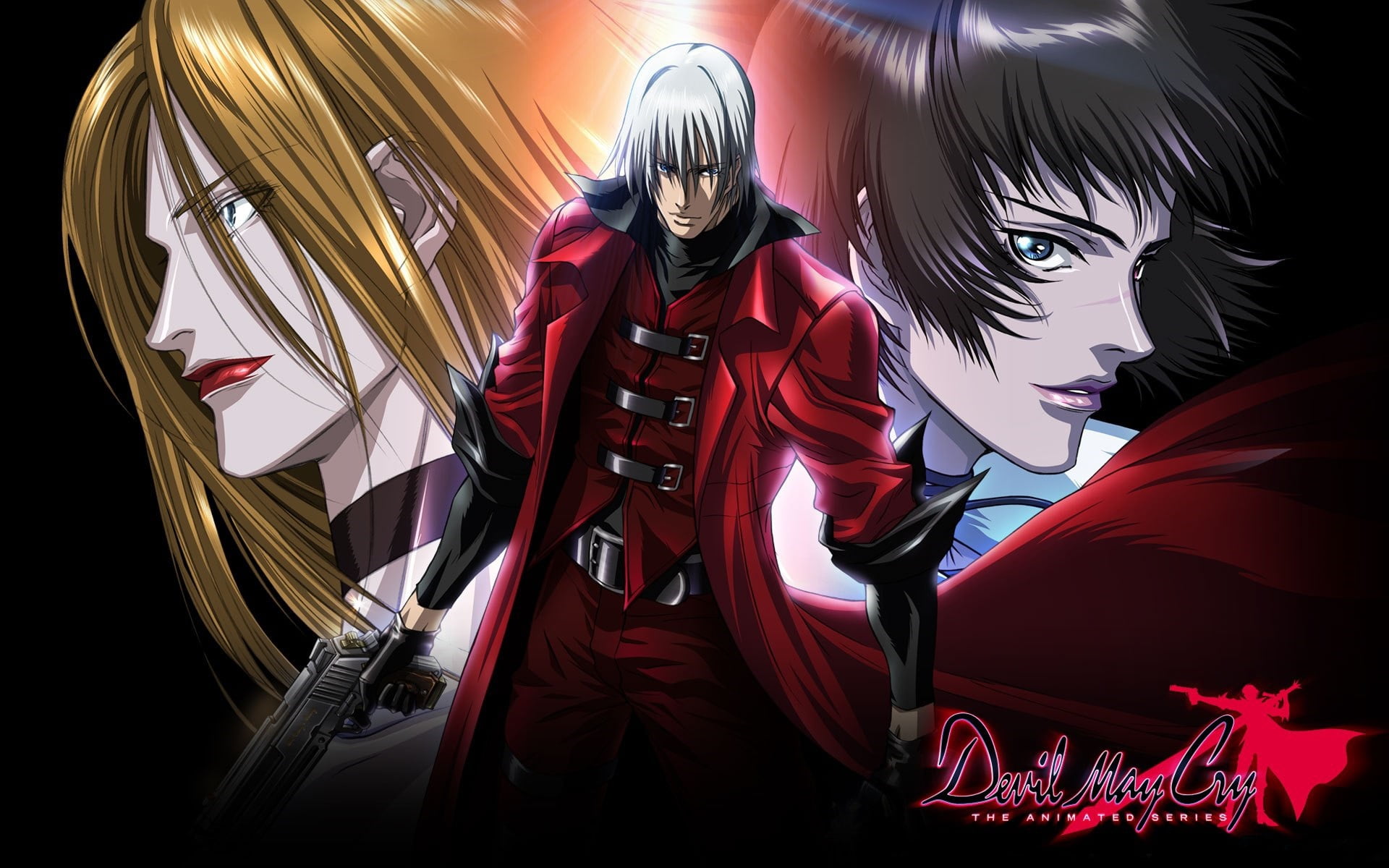Lady, Devil May Cry, evil eye, grin, red coat, guy, Trish, 1080P, killer, scar, gray, Dante, gun, HD Wallpaper