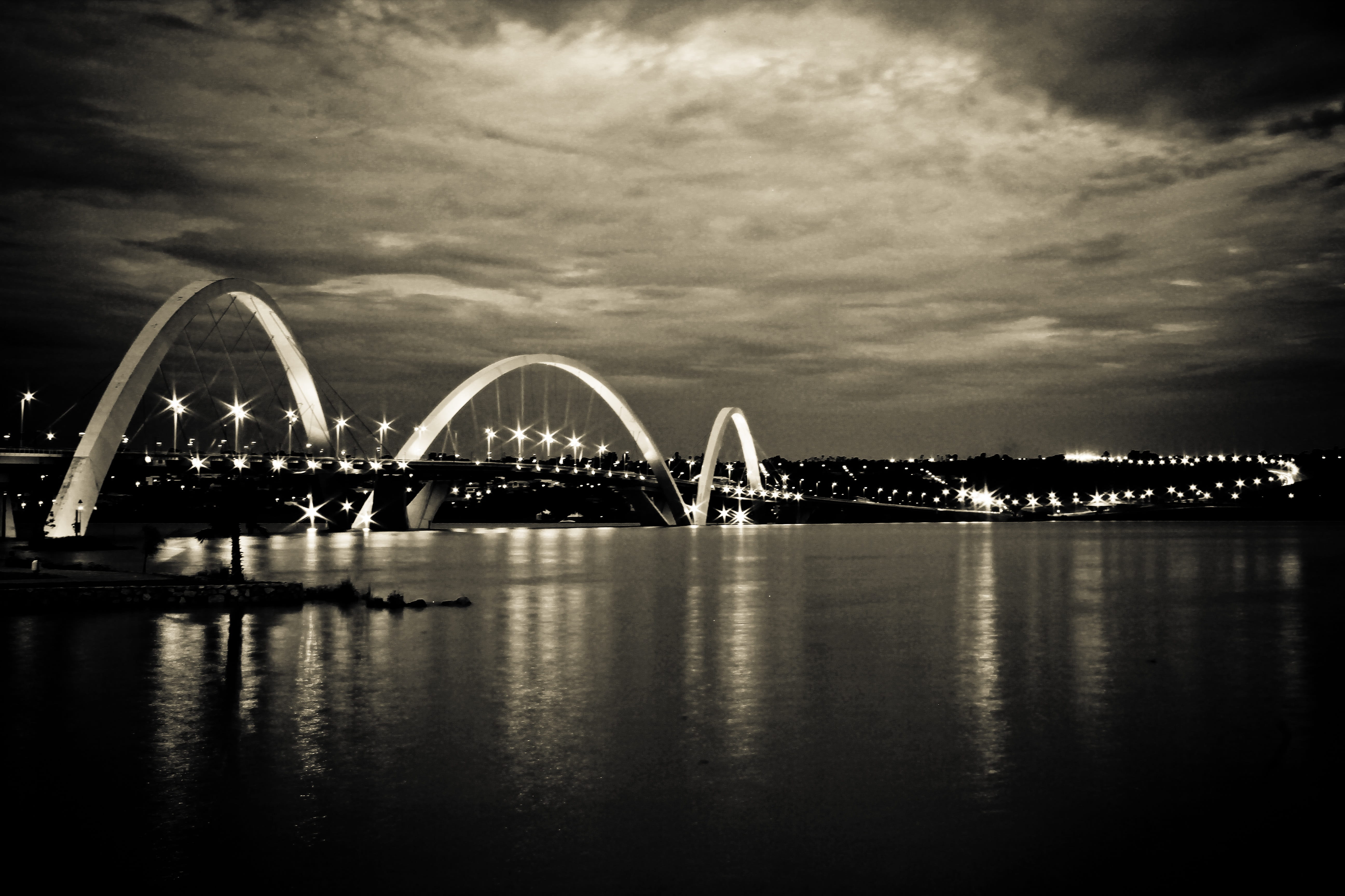 transportation, water, arch, connection, goggles, arch bridge, outdoors, cloud - sky, horizon, waterfront, night, brazil, Third Bridge, Jk, no people, bridge - man made structure, HD Wallpaper