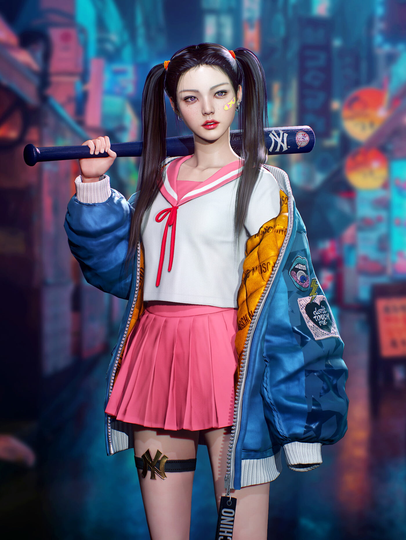720P, looking at the side, ponytail, Eunji Lee, women, pink skirt, CGI, JK, Phone HD Wallpaper