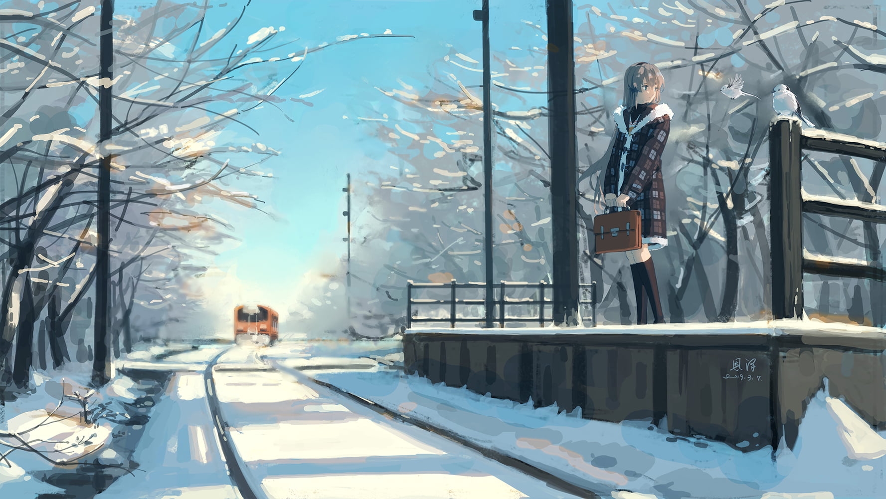 2D, JK, long hair, anime girls, fan art, visual novel, blue eyes, 720P, snow, Sakagami Tomoyo, school uniform, birds, cardigan, grey hair, railway, train station, HD Wallpaper