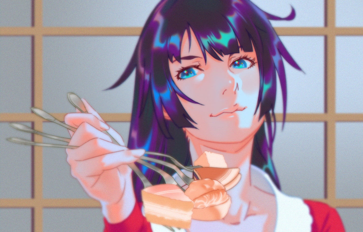 smiling, looking at viewer, long hair, violet hair, Senjougahara Hitagi, messy hair, sweets, anime, blue eyes, anime girls, fan art, hair in face, fork, HD Wallpaper
