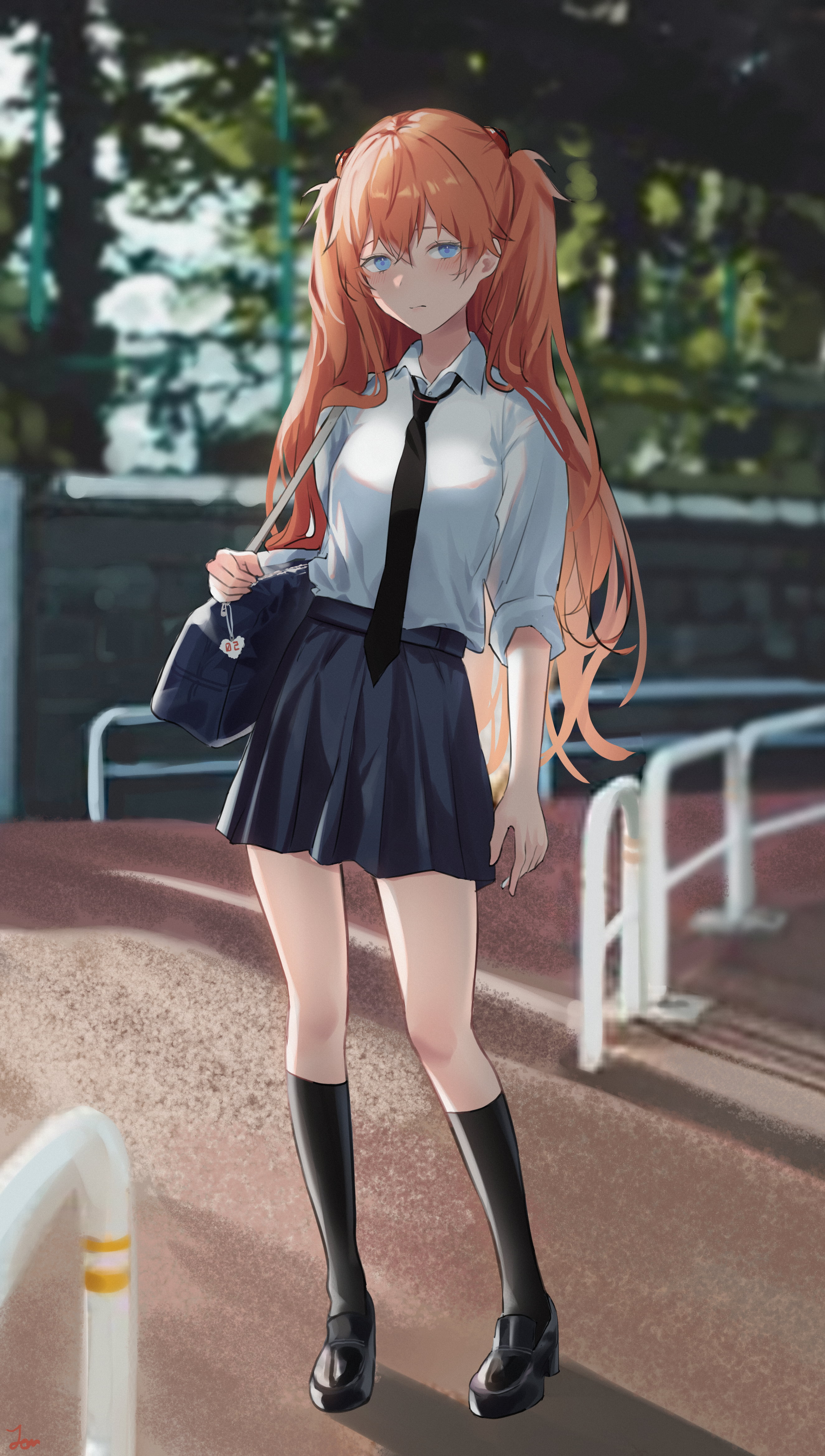 women outdoors, 4K, long hair, fan art, pleated skirt, bag, blushing, Neon Genesis Evangelion, anime, Jenmin12, Asuka Langley Soryu, rolled sleeves, alternate costume, Phone HD Wallpaper