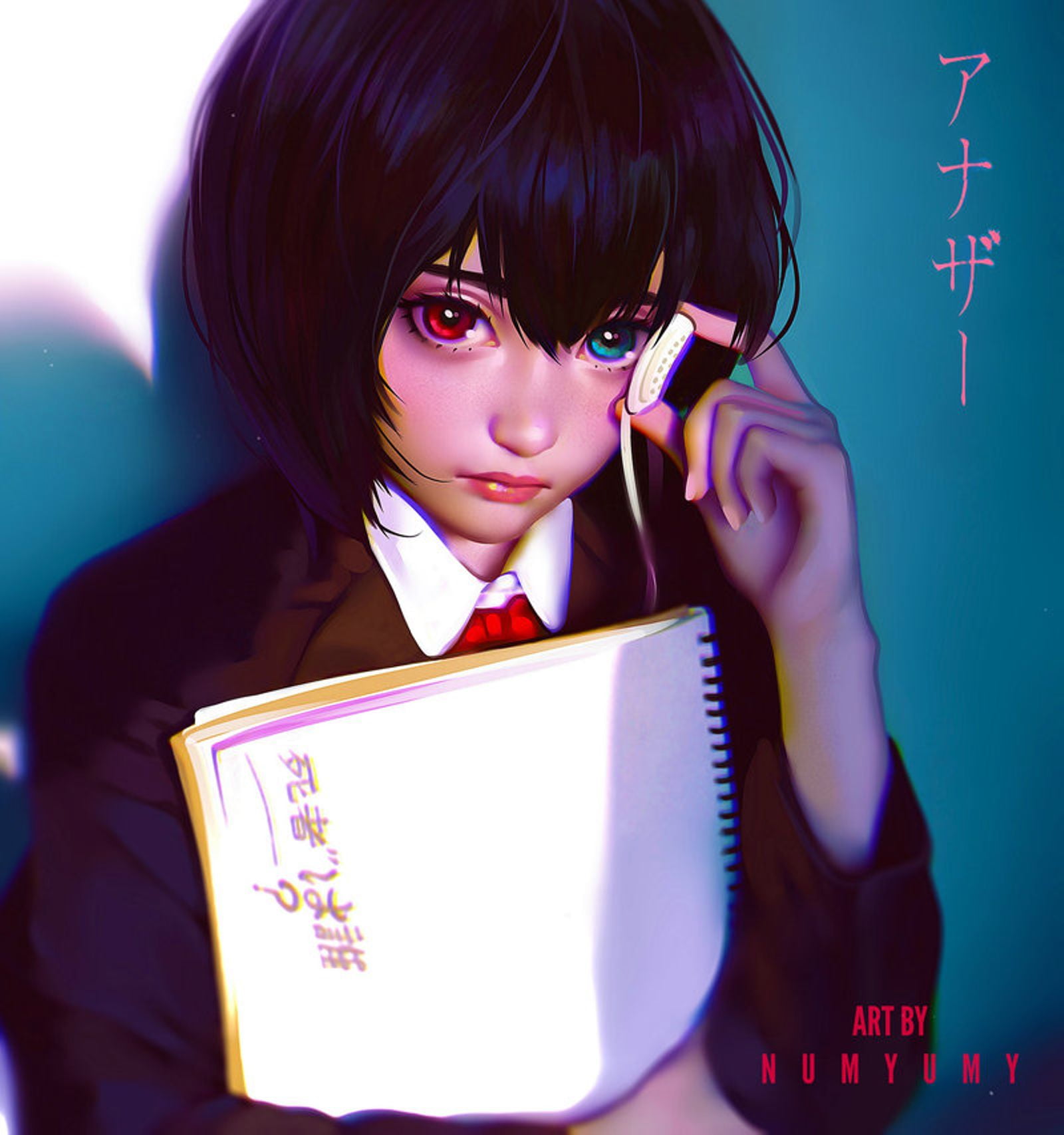 school uniform, Another, kanji, looking at viewer, heterochromia, 720P, 3D, Misaki Mei, eye patch, black hair, blue eyes, anime girls, JK, red eyes, fan art, Phone HD Wallpaper